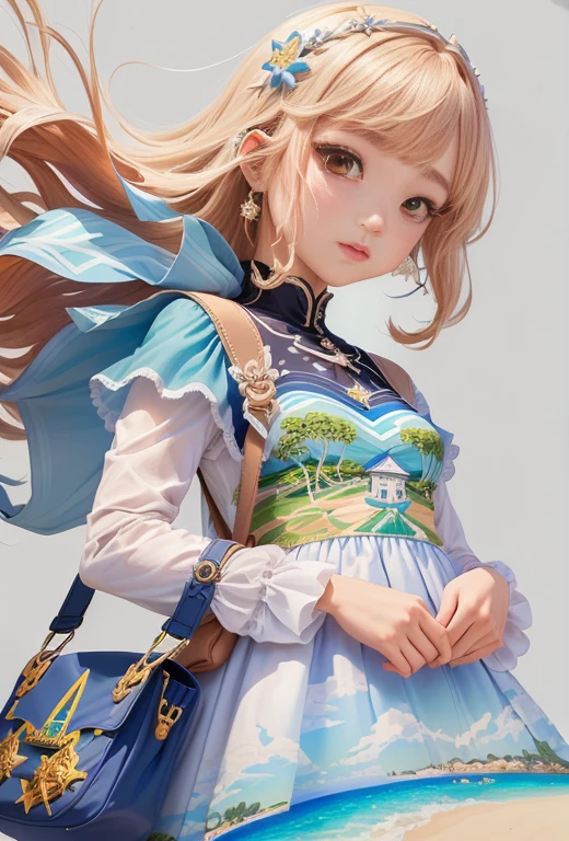 desenho de uma  com vestido e bolsa na praia, inspirado em Li Chevalier, um desenho de anime, inspirado em Chiho Aoshima, garota de anime usando um vestido preto, inspirado em INO, ( ( pare quatro # ) ), por Reyna Rochin, arte digital!!, Estilo anime, inspirado em Alice Rahon, inspirado em anime, Estilo animed