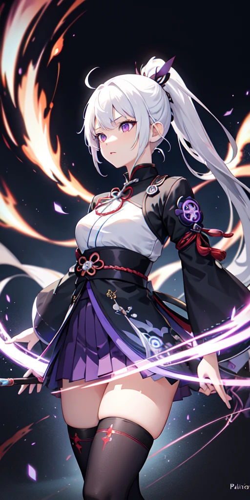 1girl, japanese clothes, ponytail ,white hair, purple eyes, magic circle, blue fire, blue flames, wallpaper, landscape, blood, blood splatter, depth of field, night, light particles, light rays, sidelighting, thighs, fate \(series\), genshin impact, ****, open jacket, skirt, thighhighs, cloud