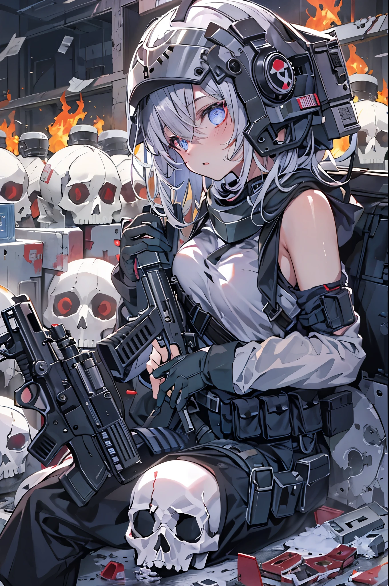 Anime girl, skull military helmet, snorting, cocaine, cocaine, snorting cocaine off the barrel of semi-automatic gun, night, abandoned warehouse, ballistic armor, drugs, white powder, glaring, looking at viewer, album cover, glowing eyes, post-modernism