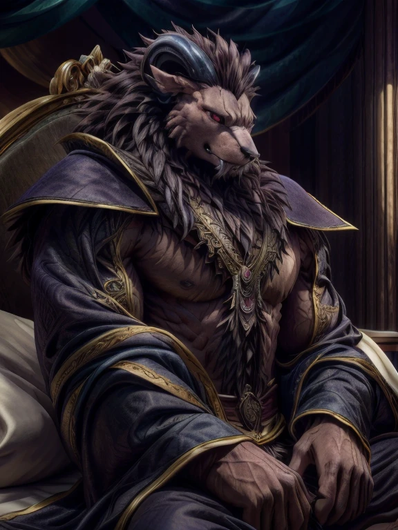 (Best quality, 32К HDR:1.2, ultra detailed, Realistic, photoRealistic, Masterpiece,) Official art, sacrificial princess and king of beasts, full body view, I look at the viewer, One, Male, Beautiful, majestic beast, dark lilac brown fur, black mane, Majestic King, King Leonhart, muscular body, crimson eyes, serious look , small ears, curved back black horns, long upper teeth, Niehime kimono, (detailed Realistic image:1.3), (detailed eyes, beautiful expressive eyes:1), (hyper Realistic fur:1.2), (detailed fur:1. ( detailed face:1) muffled light: 1.2) Masterpiece, Best quality, ultra Realistic ( 8K, UHD, Gorgeous light and shadows, Detailed face image, top quality, Masterpiece, Ultra-high detail, Official art, very detailed, deep shadows, dynamic shadows, HDR, deep sharpness, ultra detailed fur, maximum focus, depth of field, perfect lighting, easy, Highest quality, ultra detailed body, cinematic, sharp focus, Correct anatomy, right hands, right hands, correct head, basic background, on bed, lying down, shirtless, no shirt on, no upper body clothing, small human on lap, hugging, kissing small human male, human male with brown hair