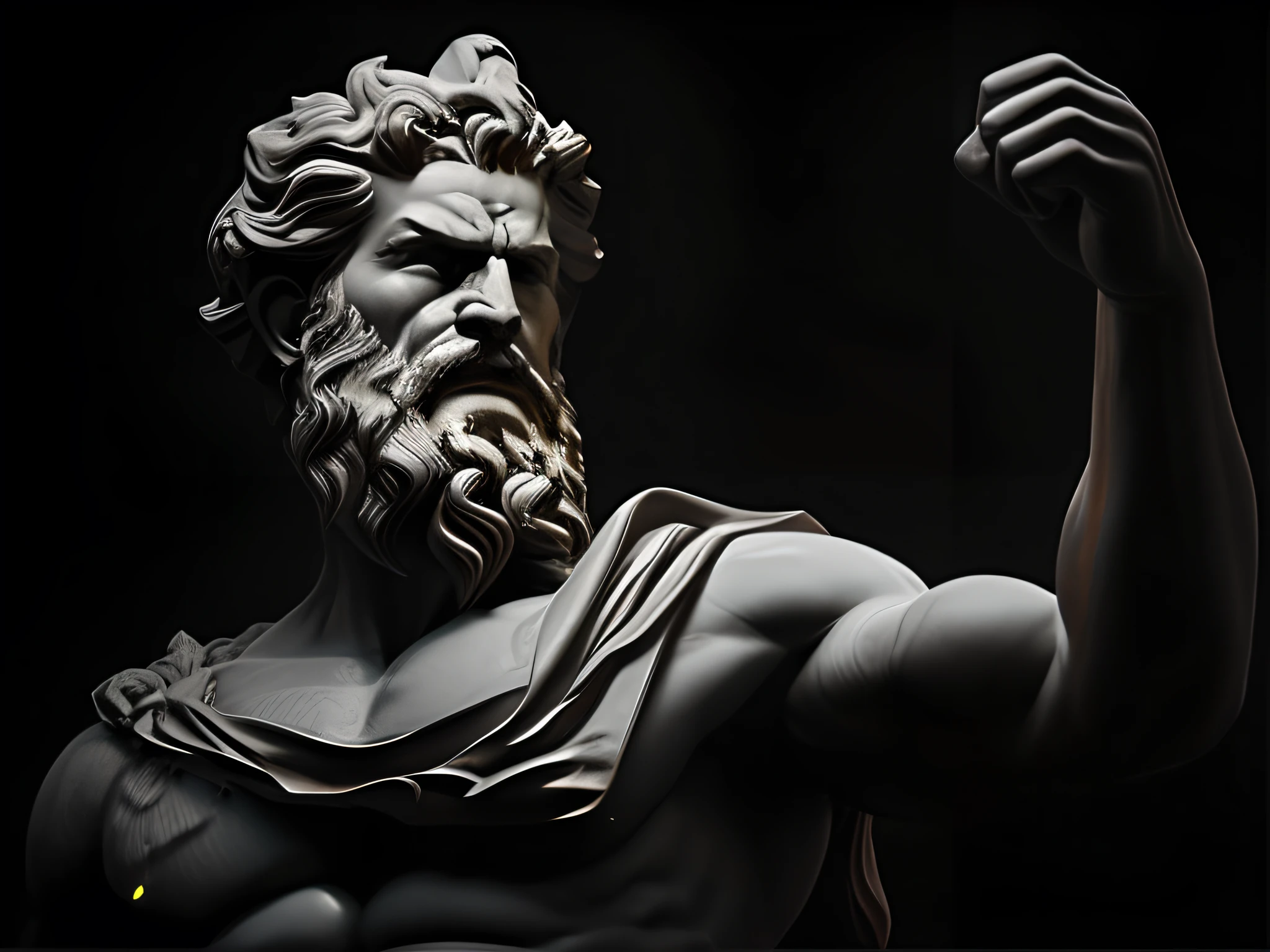 A statue of a man with a beard and fist, Furioso Deus Zeus, Retrato de Zeus acidentado, Destaque no Zbrush Central, Arnold e Zbrush, statue of hercules looking angry, Retrato Zeus, O Deus Zeus, epic scene of zeus, statue of zeus, deus grego, Escultura de argila CGI, zbrush 3 d render, portrait of demigod hercules