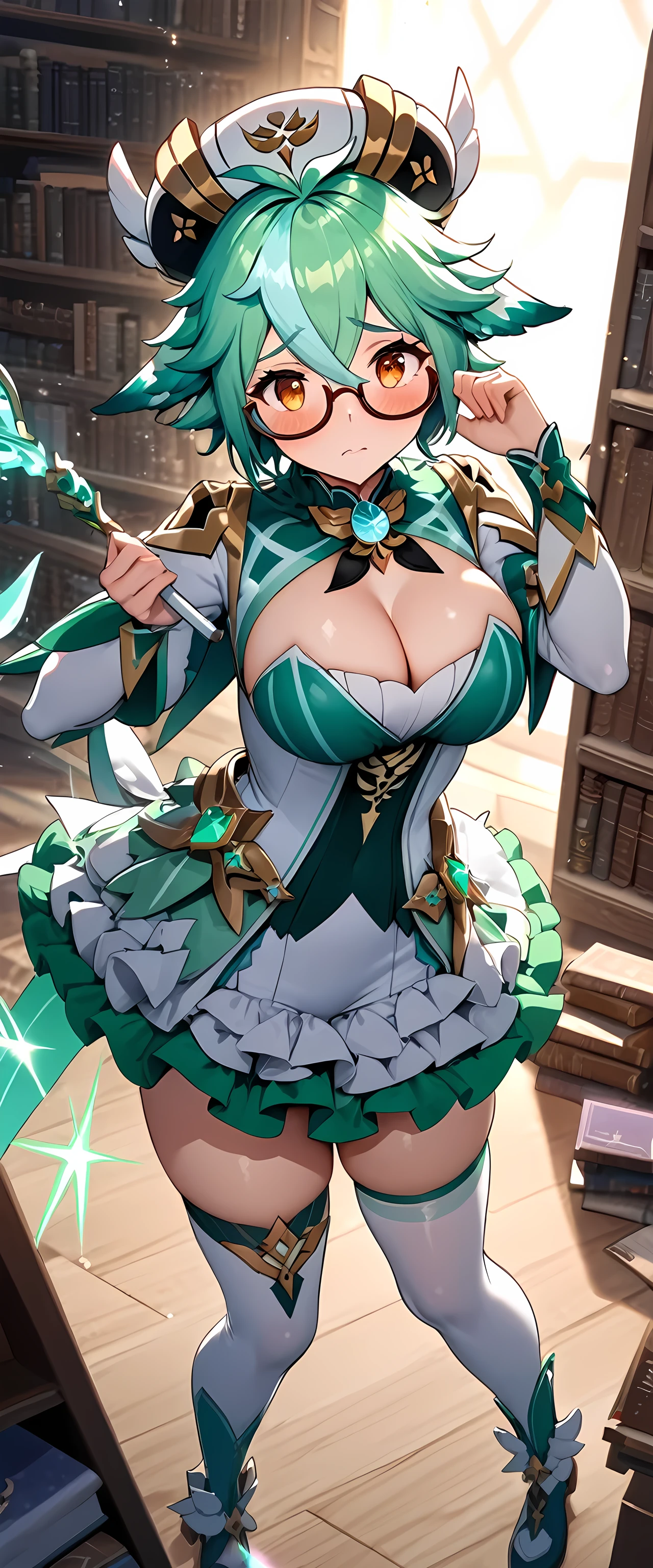 (masterpiece), best quality, expressive eyes, perfect face,sucrose,genshin impact,glasses,semi-rimmed,big breasts,(emerald magical girl costume:1.3),(wing hair ornament:1.2),[[cleavage]],(fluffy ruffled skirt:1.2),thighhigh boots,[[winged magic wand]],blush,fantasy library,bookshelfs background,fantasy lighting,sexy pose,action pose,full body shot,dynamic angle,(sparkle:0.9).(glitter:0.9)