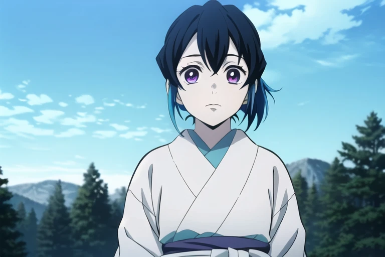 (masterpiece:1.3), (best quality:1.3), official art, super detailed, (solo), high detail, Soft Lighting, 16K, high Resolution, high detail skin, perfect skin, RAM Photo, Real Photo, creamy pale skin, (sky blue gradient kimono with patterns), 8kwallpaper, (short hair), (hime cut hair),(short ponytail), (two colored hair, black hair, sky-blue hair), (sky-blue hair streaks), blue eyes, young-adult, looking at viewer, demon slayer rui fanart, (anime screencap), (fake anime screenshot), (sharp focus), (snow forest background), (snow covered trees)