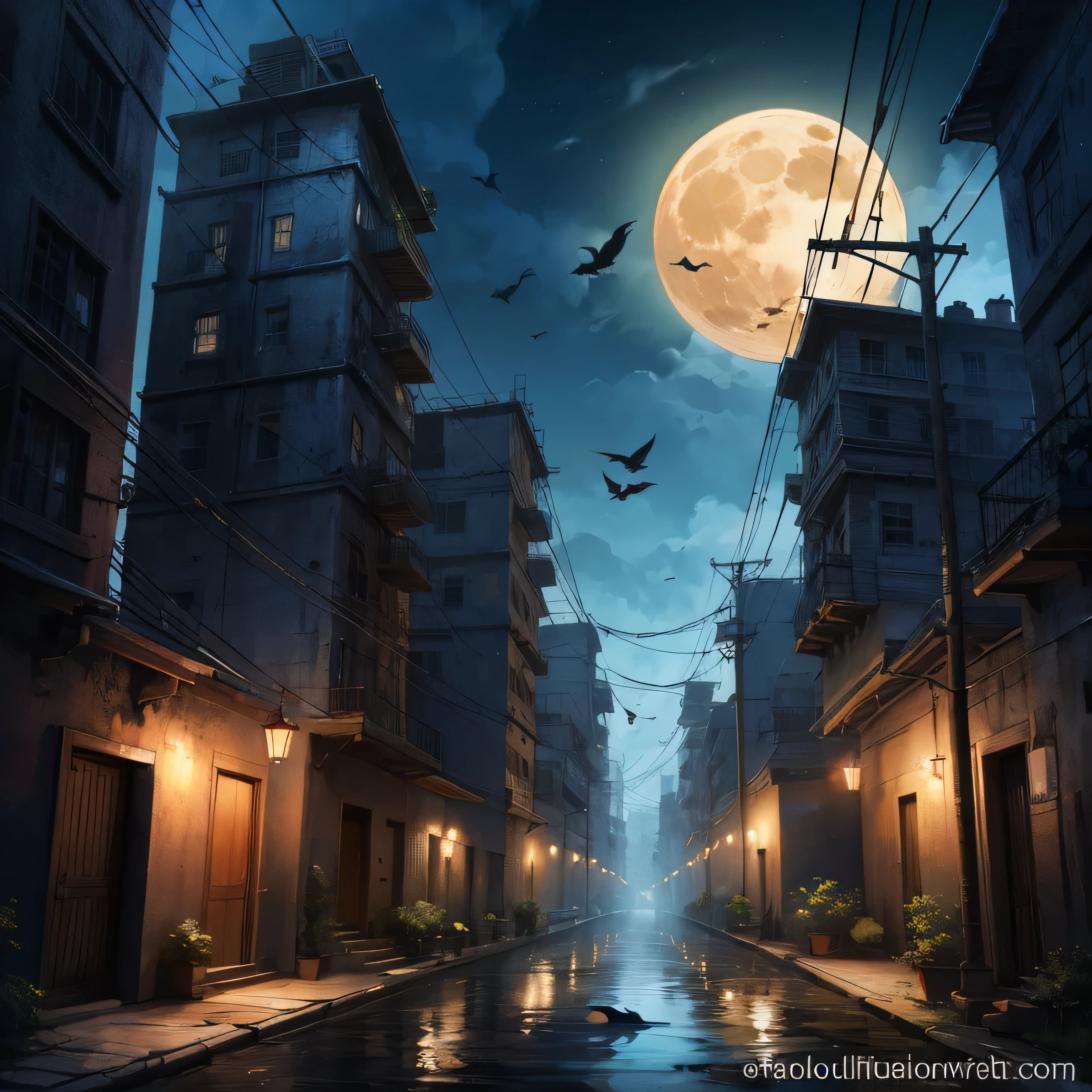 Onmyoji,male,night,full moon,modern,skyscraper,alley,Retro Perspective