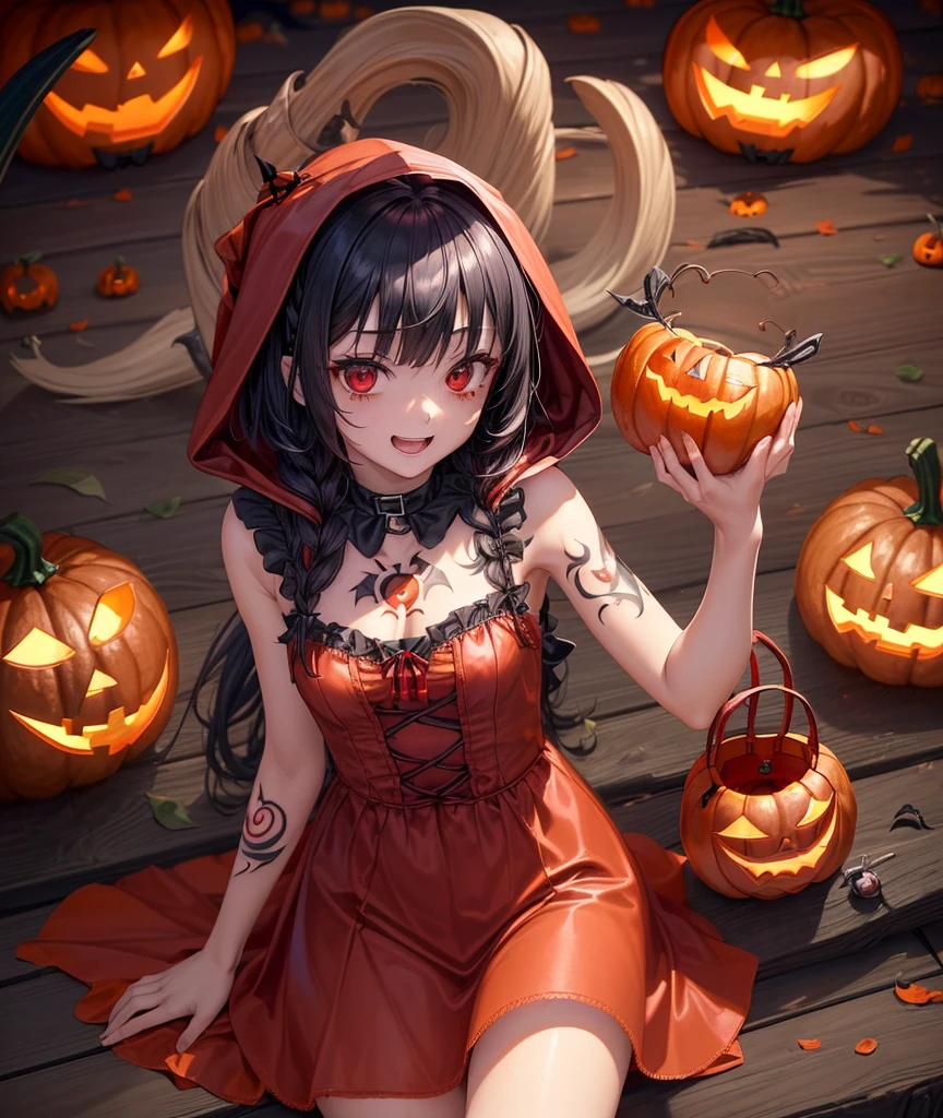 top-quality、Top image quality、in 8K,4K,masterpiece、(NSFW:1.1)、ultra-detailliert、Beautiful、ultra-quality、adult-like、Cool、girl with(((18year old、Halloween Costumes、Little Red Riding Hood 1:3、Have a jack-o'-lantern、Bust 78、silber hair、a short bob、Red Eyes、erotick:1.4、Happiness、The tattoo)))、hiquality、visualart、Background with((Halloween 1.3))、masutepiece