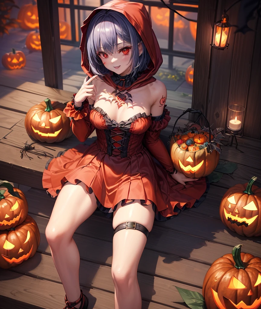 top-quality、Top image quality、in 8K,4K,masterpiece、(NSFW:1.1)、ultra-detailliert、Beautiful、ultra-quality、adult-like、Cool、girl with(((18year old、Halloween Costumes、Little Red Riding Hood 1:3、Have a jack-o'-lantern、Bust 78、silber hair、a short bob、Red Eyes、erotick:1.4、Happiness、The tattoo)))、hiquality、visualart、Background with((Halloween 1.3))、masutepiece