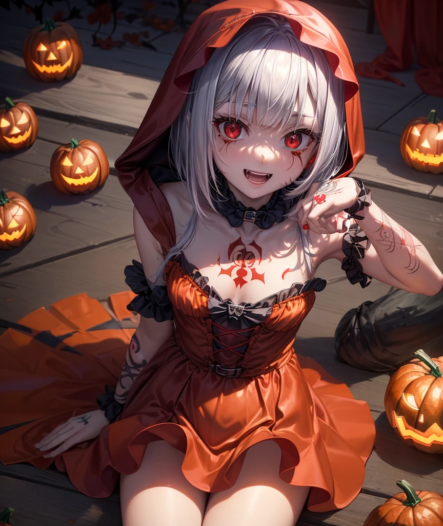 top-quality、Top image quality、in 8K,4K,masterpiece、(NSFW:1.1)、ultra-detailliert、Beautiful、ultra-quality、adult-like、Cool、girl with(((18year old、Halloween Costumes、Little Red Riding Hood 1:3、Have a jack-o'-lantern、Bust 78、silber hair、a short bob、Red Eyes、erotick:1.4、Happiness、The tattoo)))、hiquality、visualart、Background with((Halloween 1.3))、masutepiece