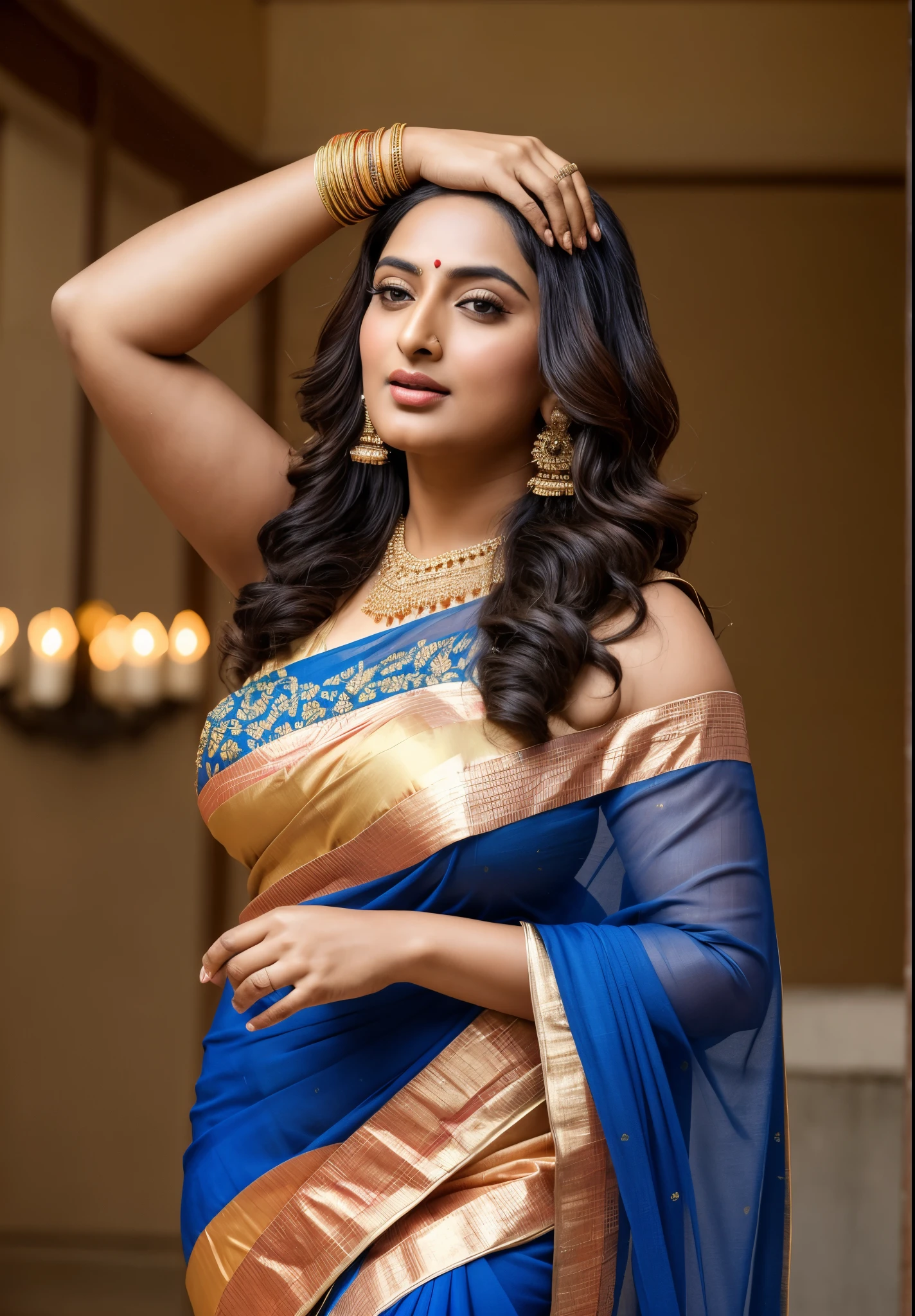 Foto RAW, photorealistic, photography, full body shot, master shot, perfect eyes, goddess like beauty, pierced eyes, perfect thick chubby mallu Desi aunty bhabhi, Wearing a Stanapatta, a chest-band.Saree model, model Photography, Indian saree shoot, Indian traditional wear advertising photography, traditional wear brand shoot, face of Indian actress Sonakshi Sinha, masterpiece, realistic, realism, incredible details,  pleasure, photorealism, detailed skin, skin pores, high contrast, photorealistic Artstation 8k HD digital art trend of high definition and detailed realistic skin texture, ultra detail, realistic skin texture, armature, best quality, ultra high definition, (photorealistic:1.4),, high resolution, detail, raw photo, sweat, Re sharp, by Lee Jefferies Nikon D850 Film Stock Photo 4 Kodak Portra 400 Camera F1.6 Lens Rich Color Ultra Real Realistic Realistic Textures Dramatic Lighting Unreal Engine Trending at Art Station Cinestill 800,(pele altamente detalhada: 1.2), 8k UHD, DSLR, soft-lighting, alta qualidade, grain of film, Fujifilm XT3,she didn't like to wear blouse or bra, she is happy to wear only saree, she hates blouse or bra, detailed hairy armpits, hyper realistic skin, skin pores, sweat, veins, 