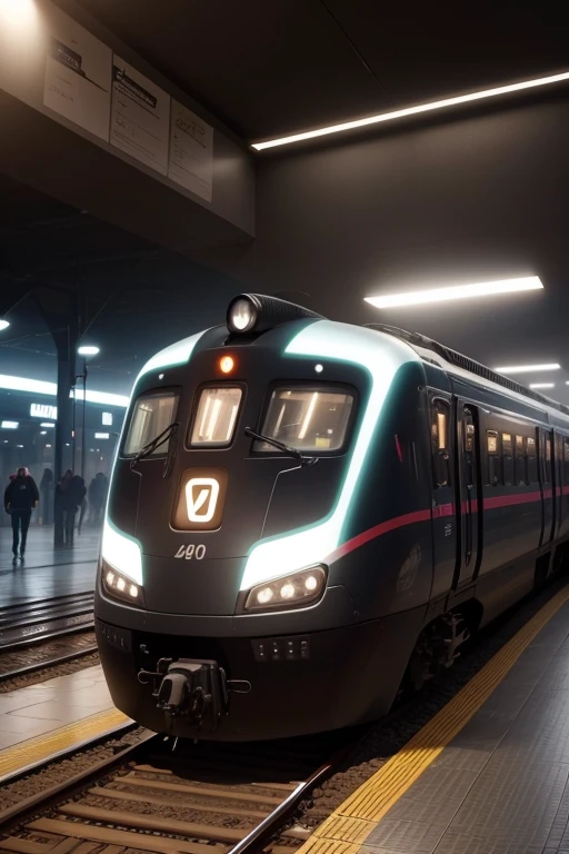 Concepto de tren bala, color negro con luces blancas
Del futuro en la estacion
