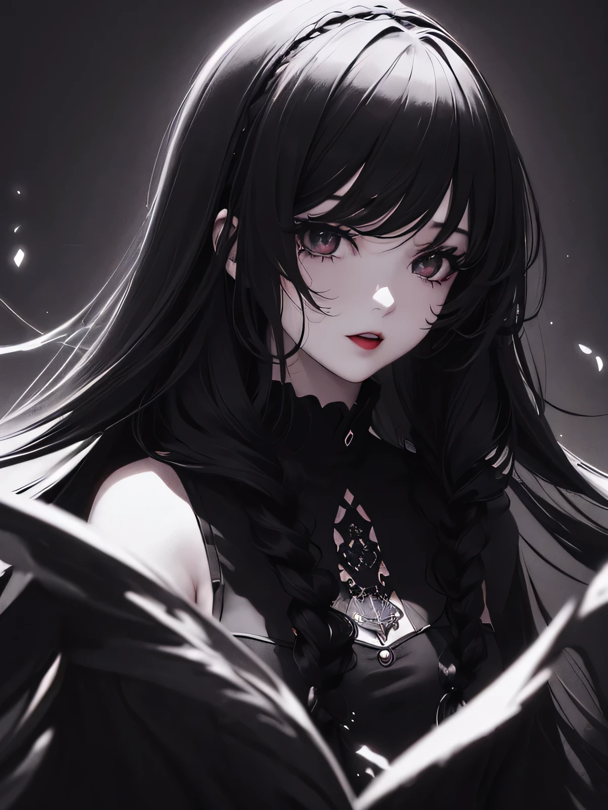1girl,30 years old,sense of deps,disorganized,catch light,Super beautiful illustrations,(black color,long hairstyles:1.6),dark black eyes,bright red lipstick,gothic lolita,Upper body,;D,beautiful and delicate flowing hair,Delicate and beautiful black eyes, Castle, blurred background
