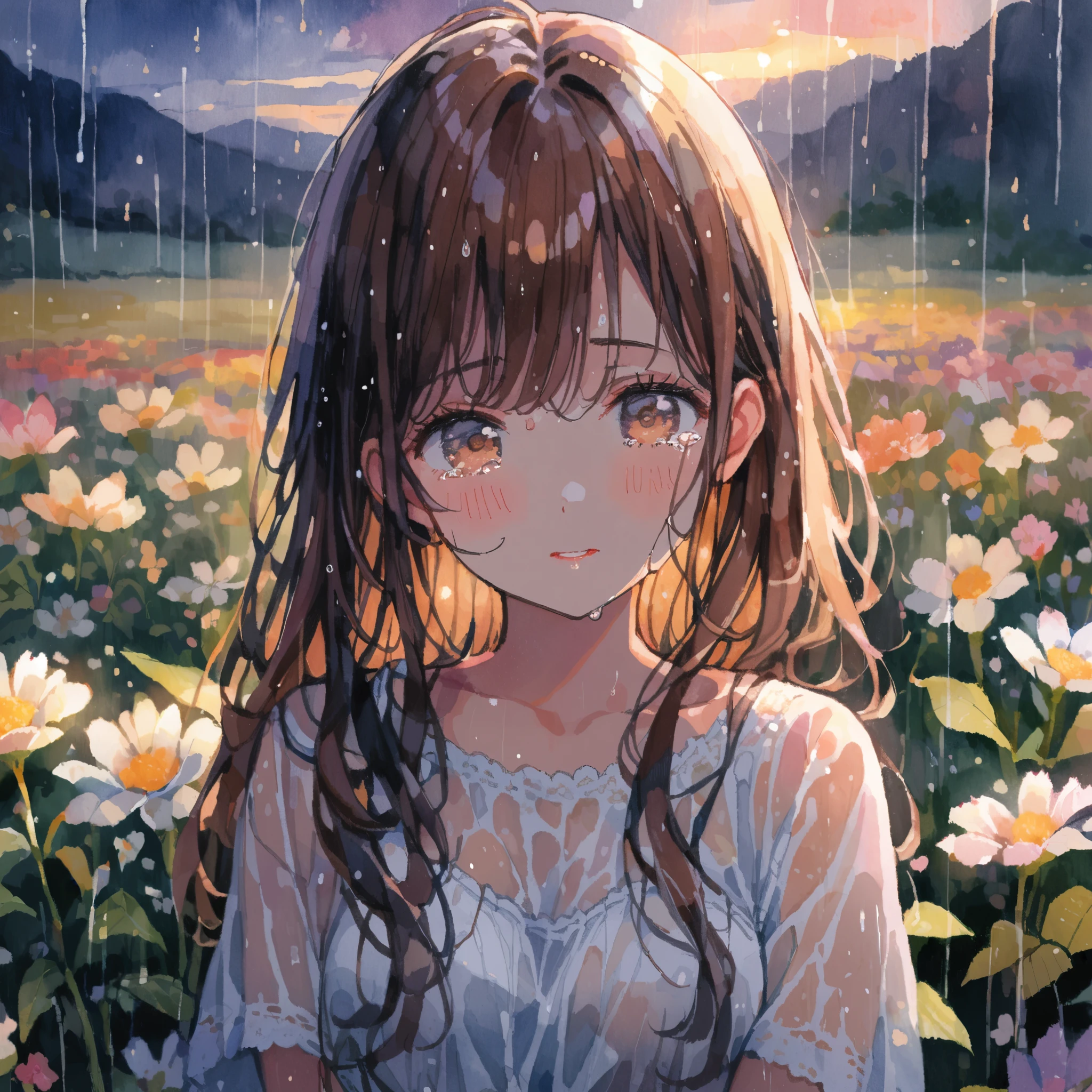 1girl、Brown eyes、Brown Hair、White dress、Wet Hair、Wet clothes、evening、rain、Flower Field、tears、Flower Fieldでrainに濡れる少女、tegaki, (watercolor painting:1.3), detailed、8K、ultra-detailed、light leaks