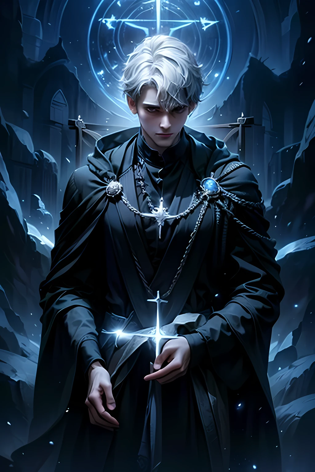 (best quality,highres),
a 28-year-old man with short silver hair,
exorcist magician,
in 19th century England,
wearing a dark cloak,
carrying crosses,
surrounded by pentagrams,
in a dark and mysterious atmosphere.