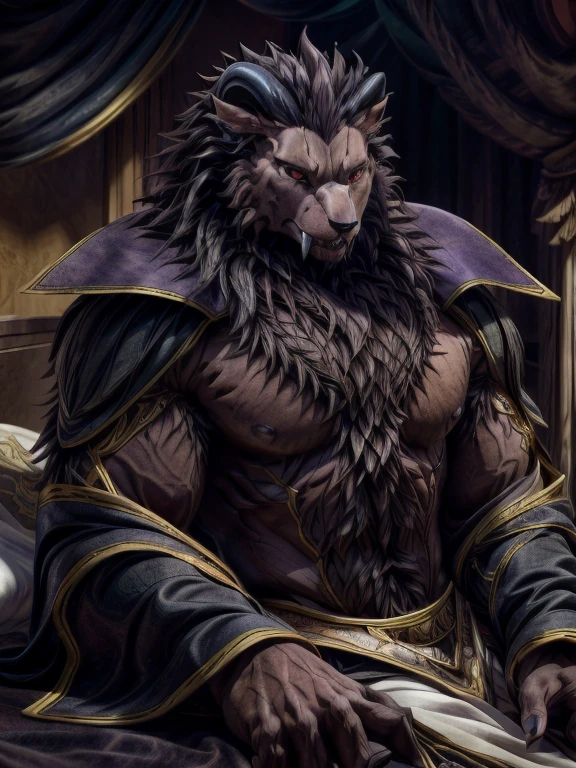 (Best quality, 32К HDR:1.2, ultra detailed, Realistic, photoRealistic, Masterpiece,) Official art, sacrificial princess and king of beasts, full body view, I look at the viewer, One, Male, Beautiful, majestic beast, dark lilac brown fur, black mane, Majestic King, King Leonhart, muscular body, crimson eyes, serious look , small ears, curved back black horns, long upper teeth, Niehime kimono, (detailed Realistic image:1.3), (detailed eyes, beautiful expressive eyes:1), (hyper Realistic fur:1.2), (detailed fur:1. ( detailed face:1) muffled light: 1.2) Masterpiece, Best quality, ultra Realistic ( 8K, UHD, Gorgeous light and shadows, Detailed face image, top quality, Masterpiece, Ultra-high detail, Official art, very detailed, deep shadows, dynamic shadows, HDR, deep sharpness, ultra detailed fur, maximum focus, depth of field, perfect lighting, easy, Highest quality, ultra detailed body, cinematic, sharp focus, Correct anatomy, right hands, right hands, correct head, basic background, on bed, lying down, shirtless, no shirt on, no upper body clothing, no clothing on torso, no clothing on arms, no clothing on shoulders.