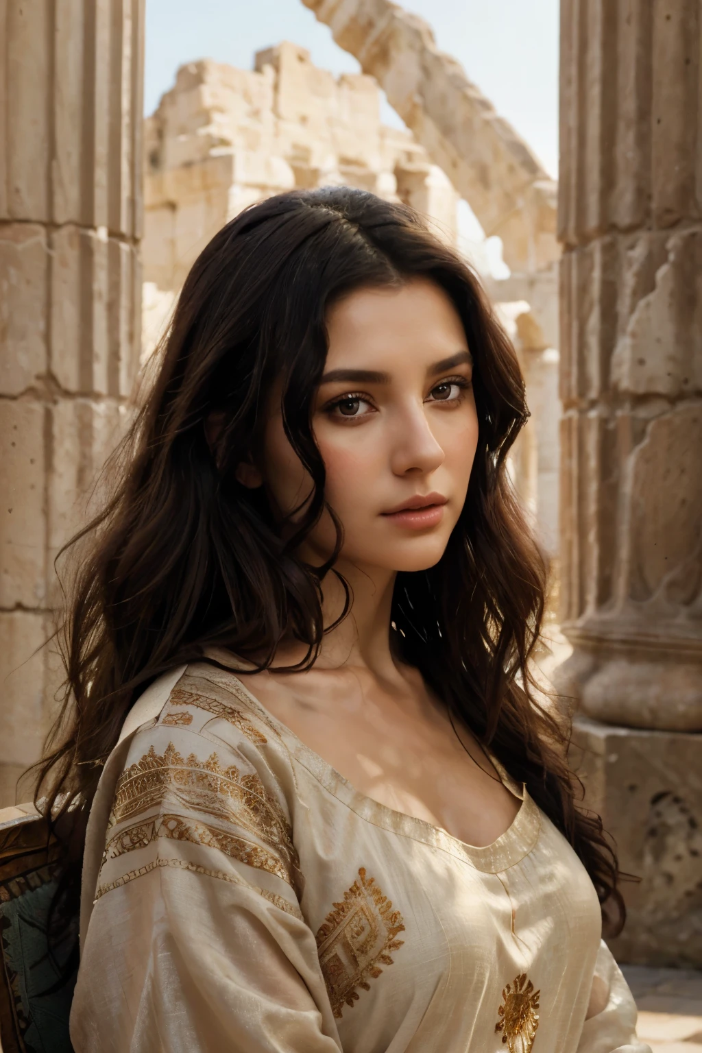 dark-haired goddess in a Roman tunic, oil painting style, exquisite brushwork, realistic features, delicate facial expressions, captivating eyes, luscious lips, flowing dark curls, graceful posture, against a scenic backdrop of the ancient Roman architecture, warm and soft lighting, vibrant colors, masterful composition, high-resolution artwork