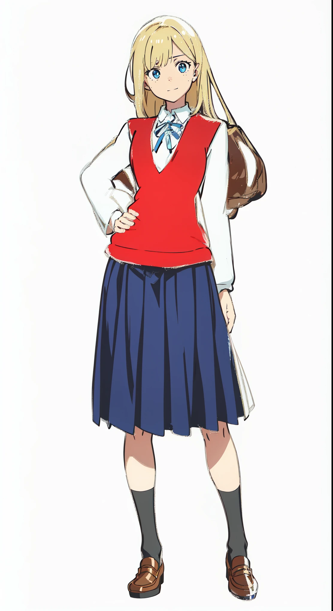 (best quality:1.0), (masterpiece:1.0), (super fine illustration:1.0), (beautiful artwork:1.0), (anime screencap:1.0), (official art:1.0), (european:1.0), (cheerful:1.0), (white background:1.0), (best quality:1.0), (masterpiece:1.0), (super fine illustration:1.0), (beautiful artwork:1.0), (anime screencap:1.0), (official art:1.0), (solo:1.0), (european:1.0), (a 18yo cute girl:1.0), (long skirt:1.0), (black skirt:1.0), (pleated skirt:1.0), (red knit vest:1.0), (white long sleeve collared shirt:1.0), (blue neck ribbon:1.0), (loafers:1.0), (black socks:1.0), (ideal ratio body proportions:1.0), (lanky:1.0), (tall:1.0), (slender:1.0), (small breasts:1.0), (smaller face:1.0), (tareme:1.0), (freckles:1.0), (detailed beautiful eyes:1.0), (detailed beautiful face:1.0), (glowing blue eyes:1.0), (long hair:1.0), (swept bangs:1.0), (blonde hair:1.0), (standing:1.0), (looking at viewer:1.0)