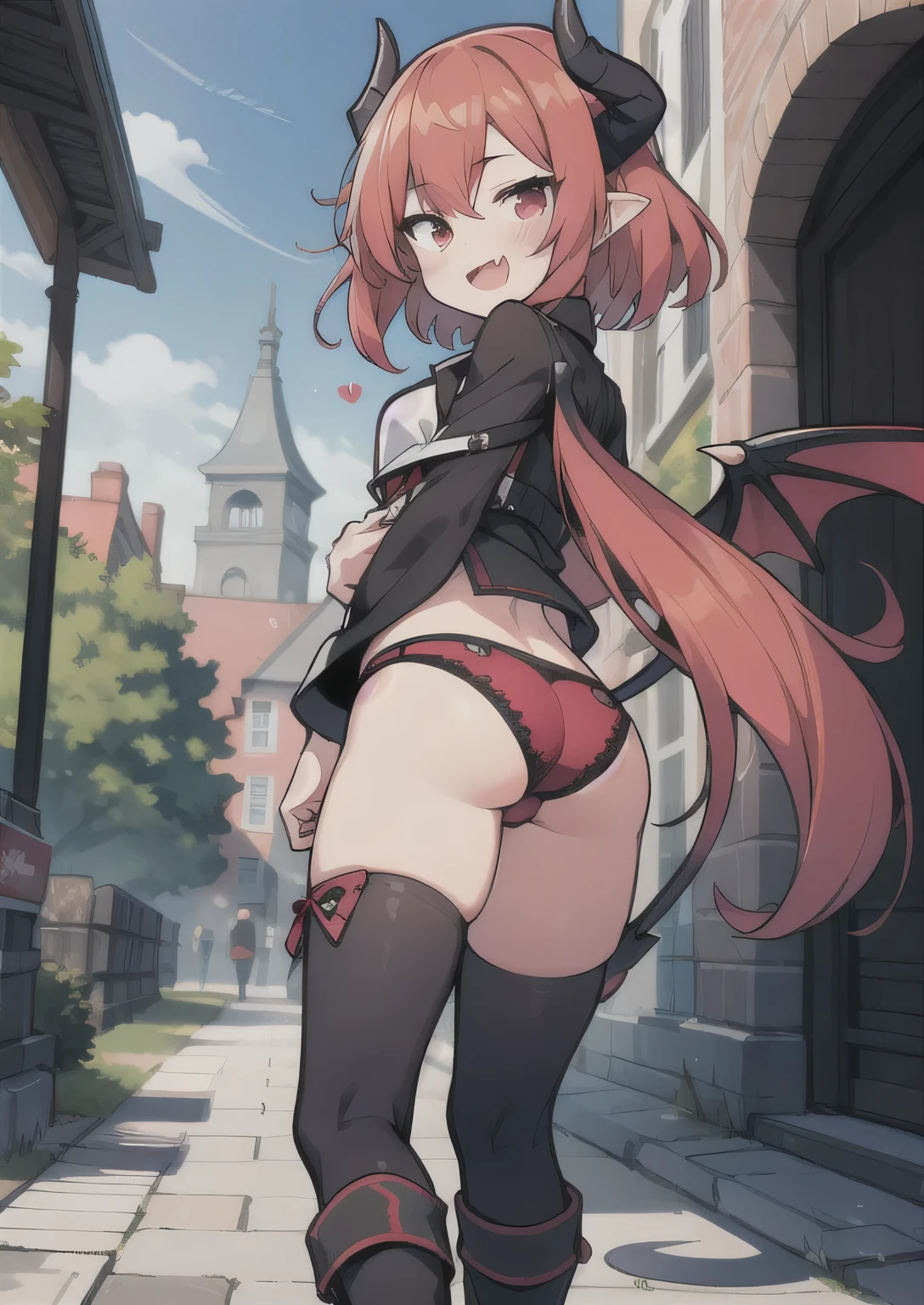 8K, 1girl, it, teeawaii vampire, red hair, red eyes, bat wings, smile, (blush), (shy), fang, boots, looking at viewer, dynamic angle, wind, game cg, fantastic scenery, demon tail, heart tail, black horns, futanari, dick, otokonoko, errection, shemale, transsexual, hermaphrodite, ass, bulge, underwear, game store, spreading butt