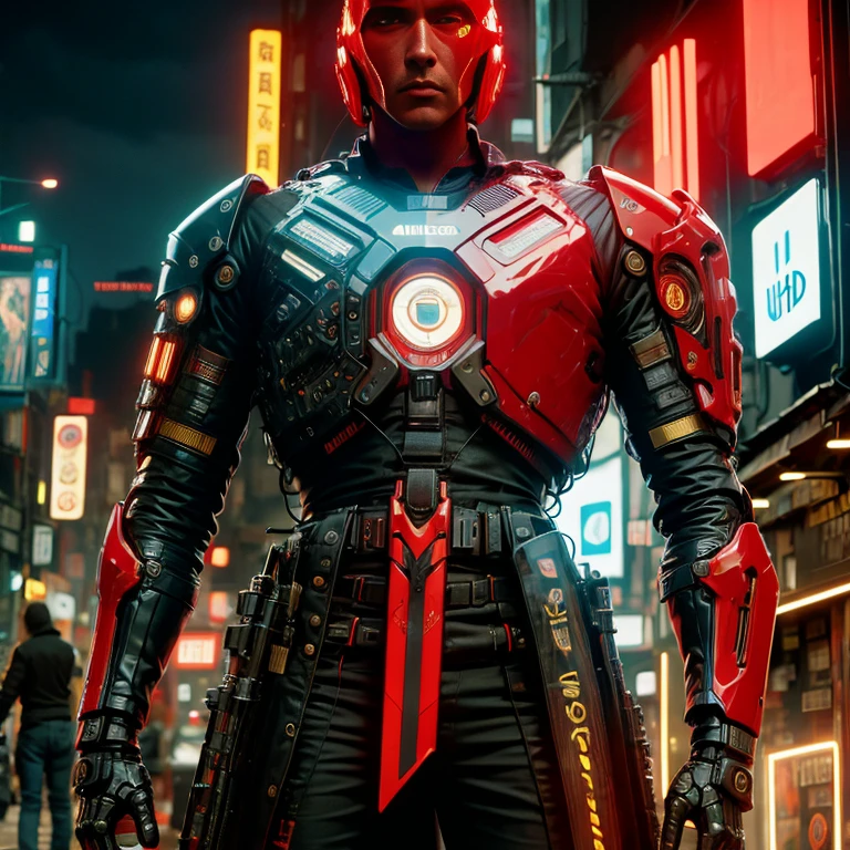 (masterpiece, best quality:1.2, UHD, 4k, masterpiece, photo realistic, insane details, ultra realistic, nobel photography), un guerriero techno fantasy, con armatura cyberpunk rossa, effetti di luce rossi e viola, spadone cyberpunk rosso e viola, ultra decorato