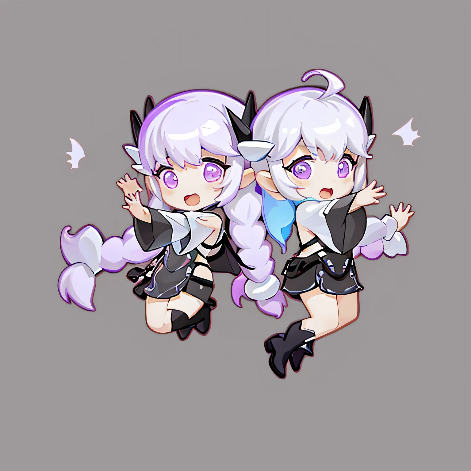 masterpiece, best quality, yinji,(2girls,multiple girls,:1.2),chibi,purple eyes, braid, twin braids, open mouth, ahoge, purple hair, long hair, simple background, boots, bangs, black footwear, dress, full body, horns, looking at viewer, long sleeves, black dress, floating, twintails, falling