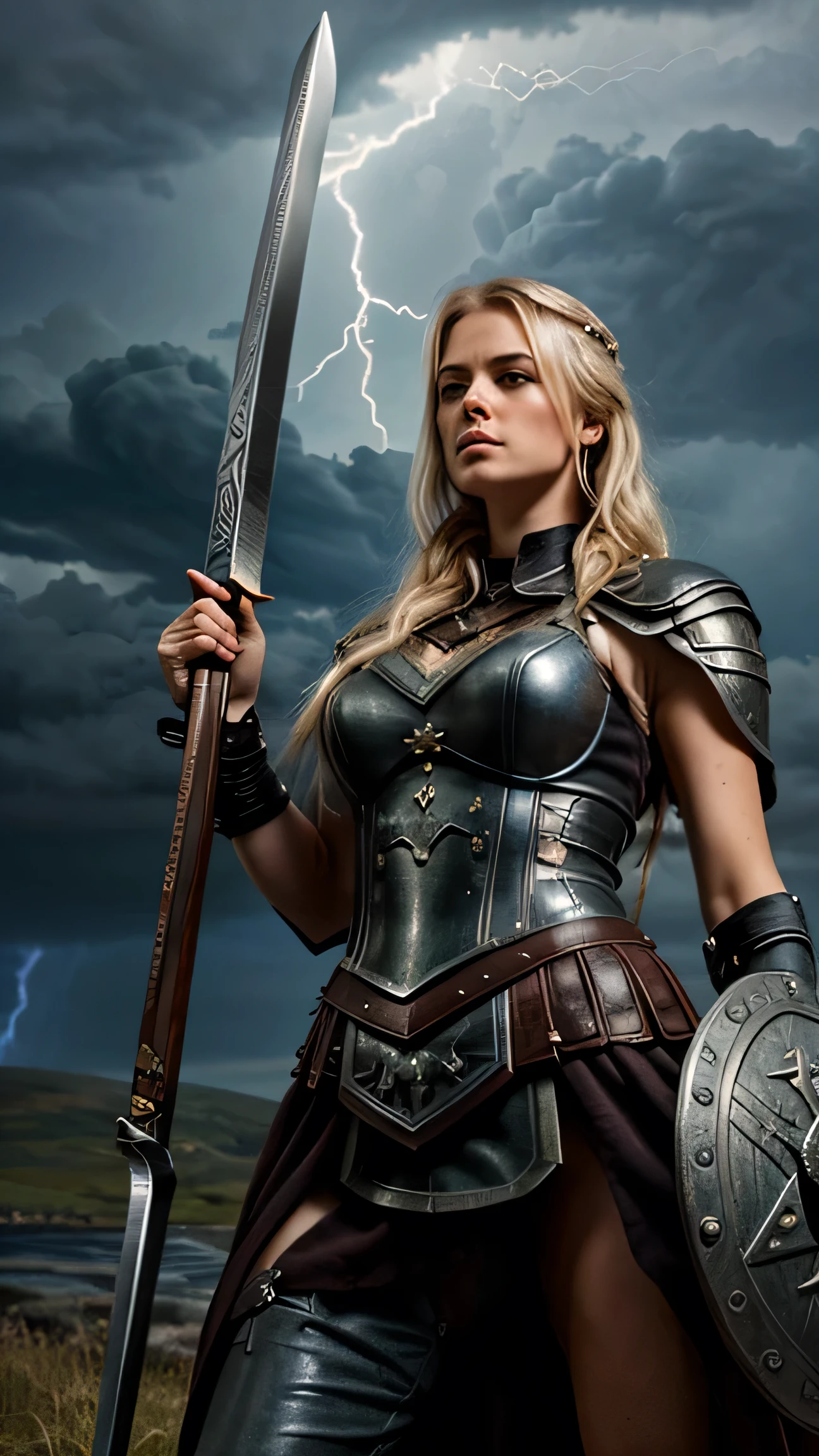 A Nordic Valkyrie, highly detailed, beautiful and elegant face, overflowing with elegance and dignity, wielding a large sword and a round shield, in the background dark storm clouds and furious lightning lighting up the night.