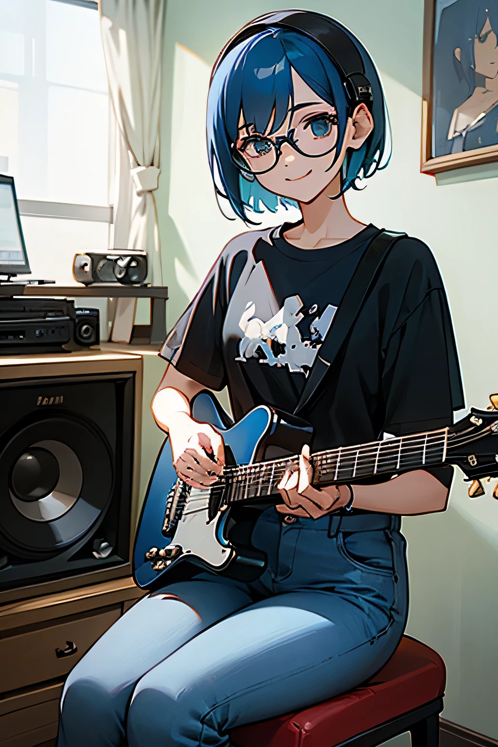 room、computer、Chair、Sit down、woman、Look at me、Playing guitar、Deep blue hair color、short hair、headphone、Glasses、smile、Middle finger up、jeans、Black T-shirt、Big speakers、stereo、window、White wall、Records on the wall、