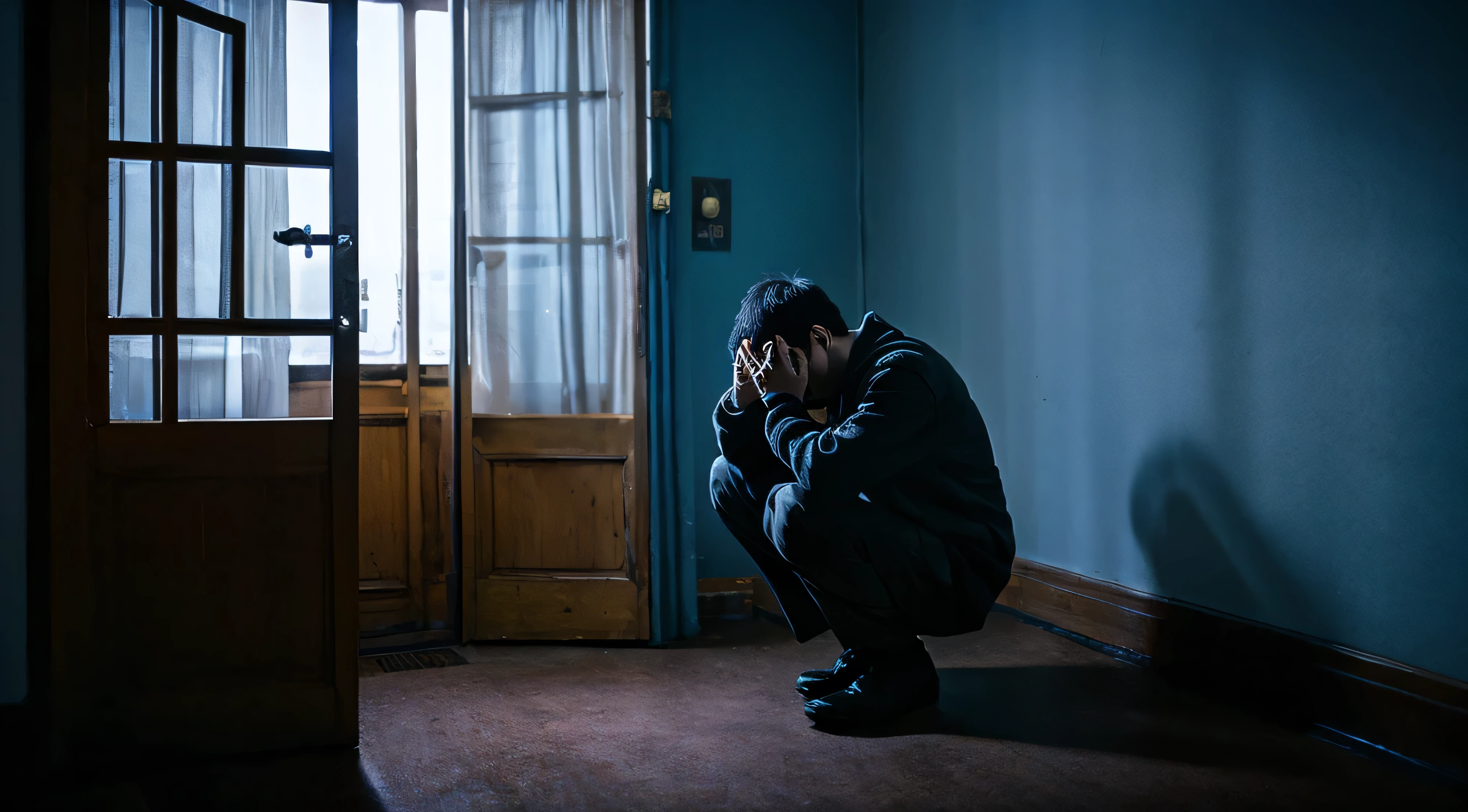 Depressed man in the room、Are crying、dark、high resolution、