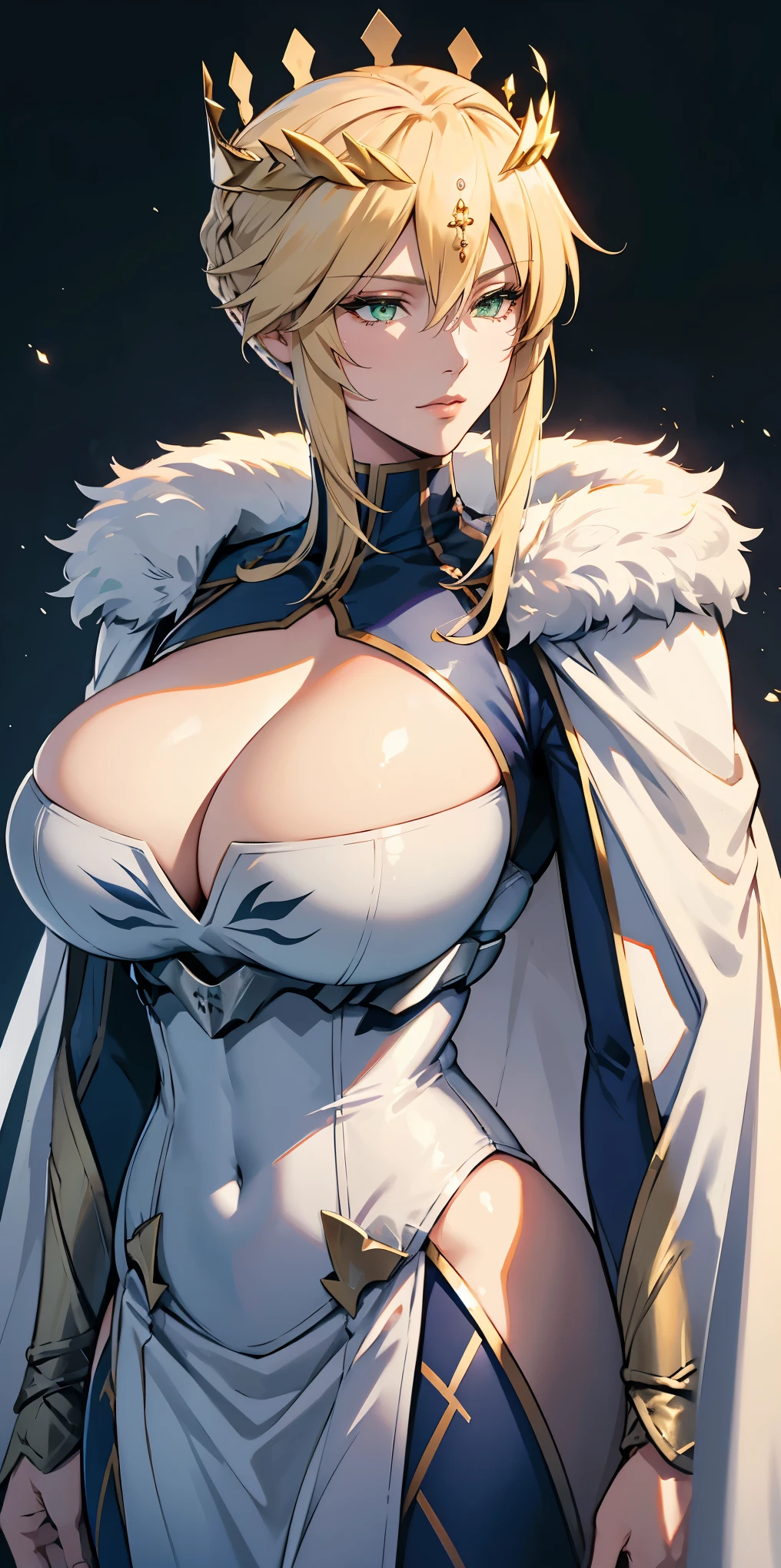 Artoria Lancer, mature woman, elegant, blonde hair, green eyes, casual clothes, crown, white cape, fur trim, portrait, upper body, curvaceous, 4k resolution, high quality