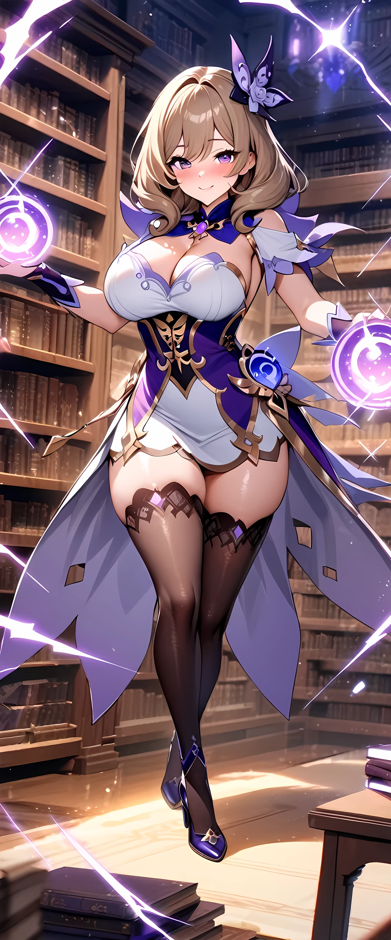 (masterpiece), best quality, expressive eyes, perfect face,lisa,genshin impact,(shiny purple magical girl dress:1.3),mature woman,big breasts,[[cleavage]],thighhigh heels,[[lightning orb]],blush,smile,fantasy library,bookshelfs background,fantasy lighting,sexy pose,action pose,full body shot,dynamic angle,(sparkle:0.9).(glitter:0.9)