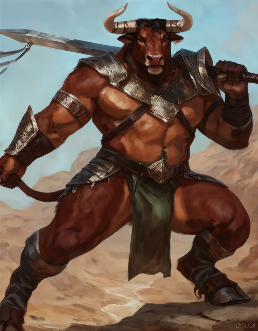male anthro bull, concept art, masterpiece, big body, high quality, feet, loincloth, warrior outfit, pose, by oouna, dilf body,