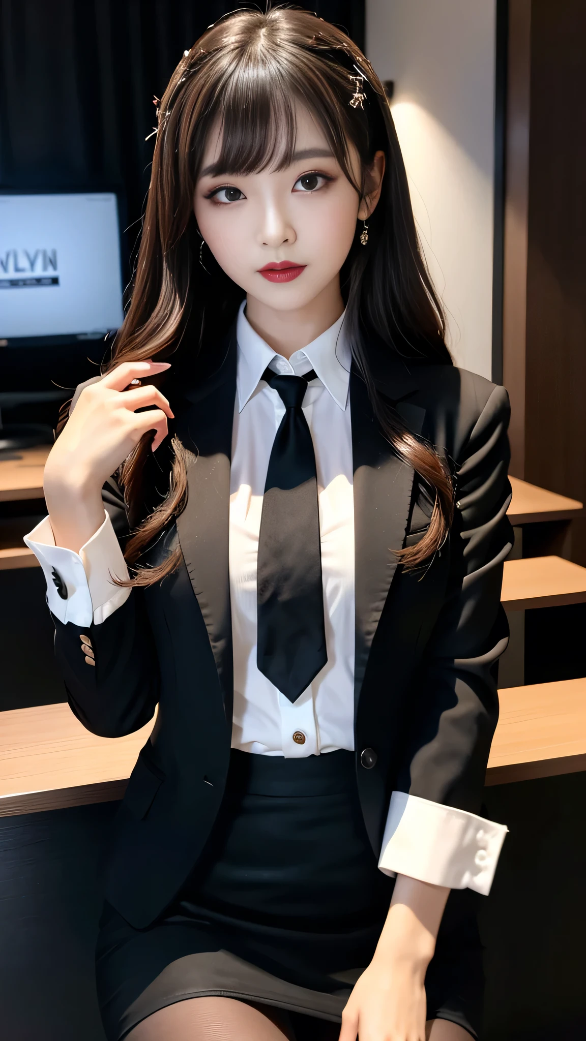 best quality、ultra-detailed、4k、Japanese、Seductive beauty、seductive adult woman、Pretty Woman、cool girl、Villainess、Brainwashed、brainwash、Fallen into evil、smirk、Evil look、Wicked Smile、evil、Brown hair、wavy hair、swept bangs、dark makeup、dark makeup、piercing eyes、hollow eyes,half-closed eyes、Hollow Eyes、purple Eyeshadow、black lipstick、black lipglos、office staff suit、suit、Jacket、White Shirt、Black Ribbon、Tight Skirt、pantyhose、night、inside darkroom、Applying lipstick、Emblem of Evil、Crest of Darkness、Swear allegiance、I have pledged my allegiance、Dye black、Blackening、Stained with evil、Dyed in darkness、Seduce