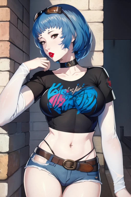 (masterpiece, best quality:1.2), solo, 1girl, Marianne, blue hair, black t-shirt, white shirt, blue jeans, belt, lipstick, large breasts