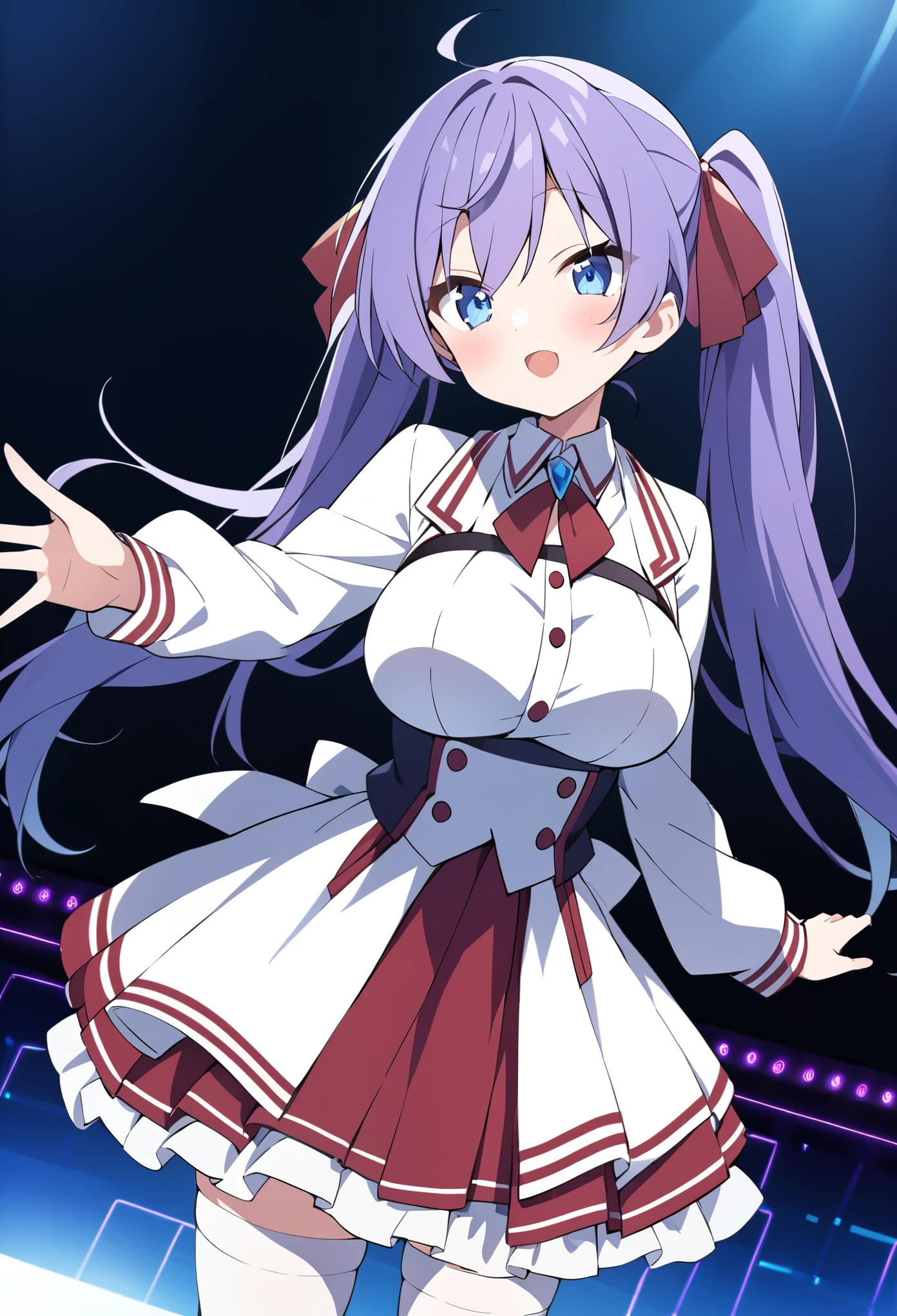 Kagami Hiiragi, 1girl, solo, twintails, hair ribbon, blue eyes, , white tighhighs. Live Stage, . large breasts. Purple Hair