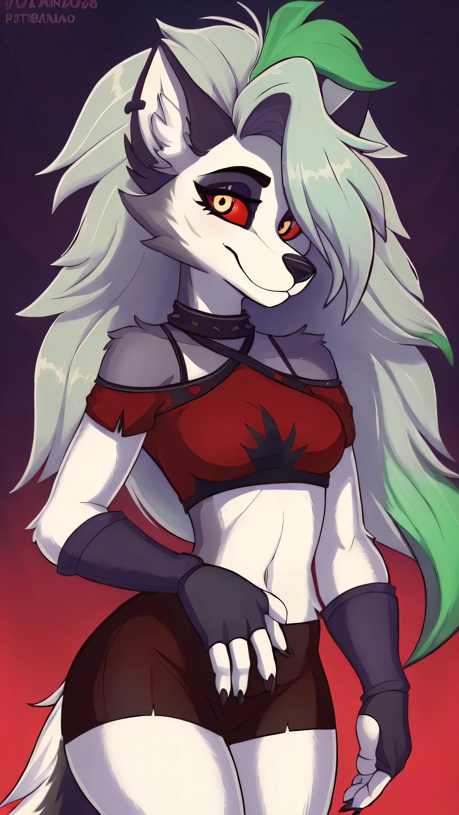 obra de arte, Melhor qualidade, Portrait of the face of a female anthro loona hellhound, loonacroptop, rosto detalhado, (olhos detalhados, cortar pupilas, pupilas brancas:1.2), (red sclera), Sorriso, [colarinho pontiagudo,], (olhando para o espectador) melhor qualidade, fnafroxanne, hairy female, pelo do corpo, maquiagem, orelhas de lobo, cauda de lobo, cabelo cinza, cabelo verde, olhos amarelos, crop top,