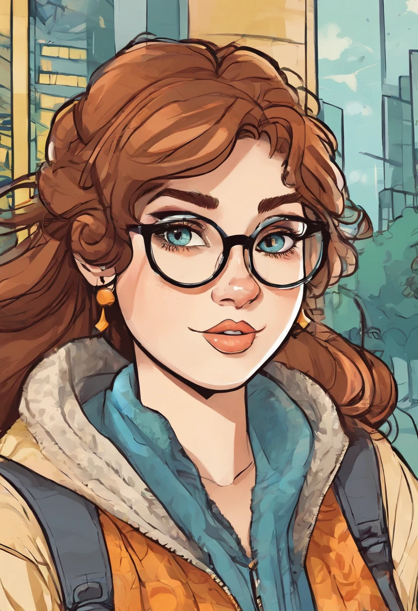 Chubby girl glasses cartoon blue eyes Brown hair