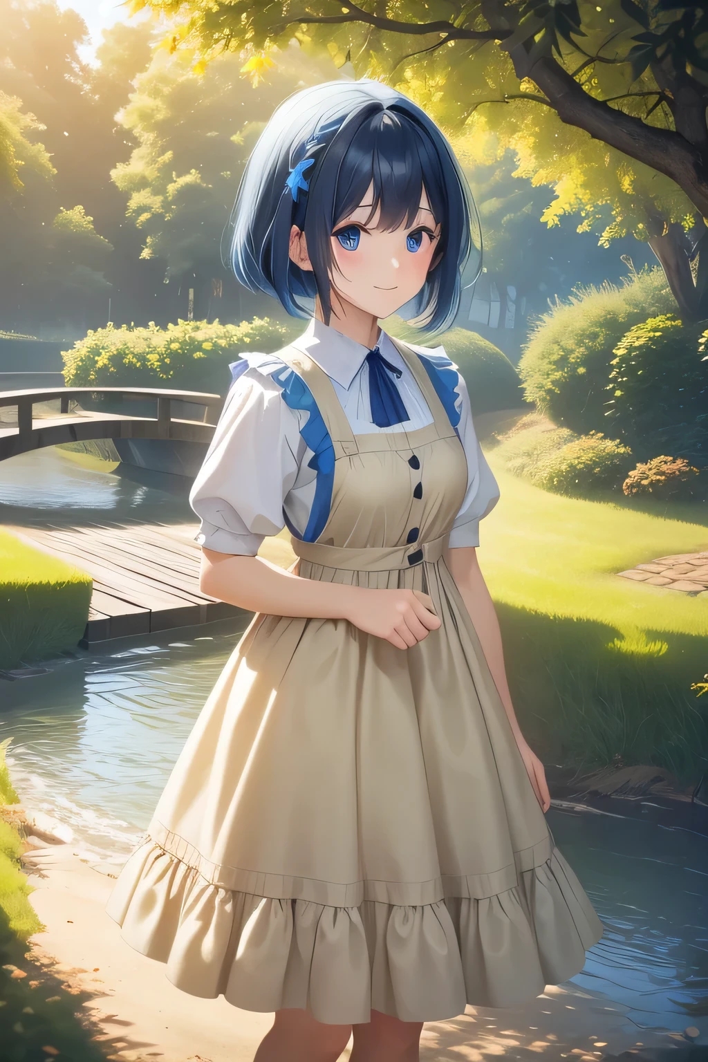 short hair, bangs, blue eyes, shirt, dress, bow, ribbon, hair between eyes, closed mouth, blue hair, standing, white shirt, short sleeves, hair bow, cowboy shot, outdoors, wings, puffy sleeves, collared shirt, water, red ribbon, tree, puffy short sleeves, neck ribbon, blue dress, blue bow, ice, pinafore dress,  Water feathers, autumn leaves, lake