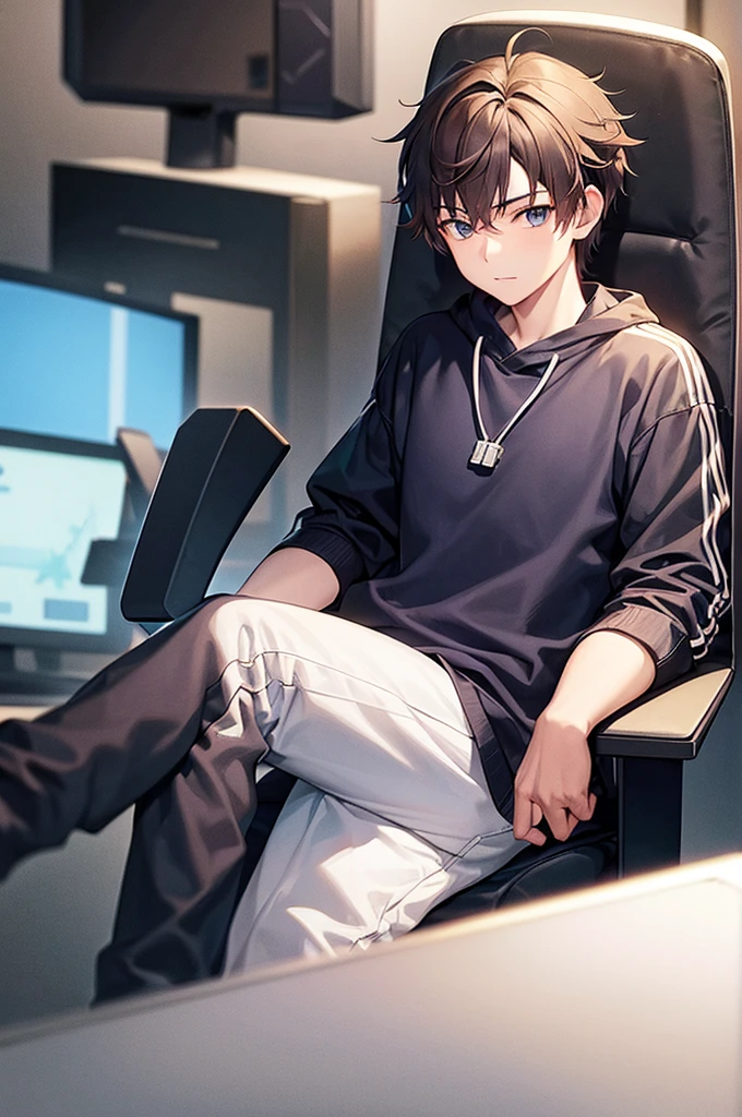 a 15 year old boy sitting in a gaming chair he an streamer
