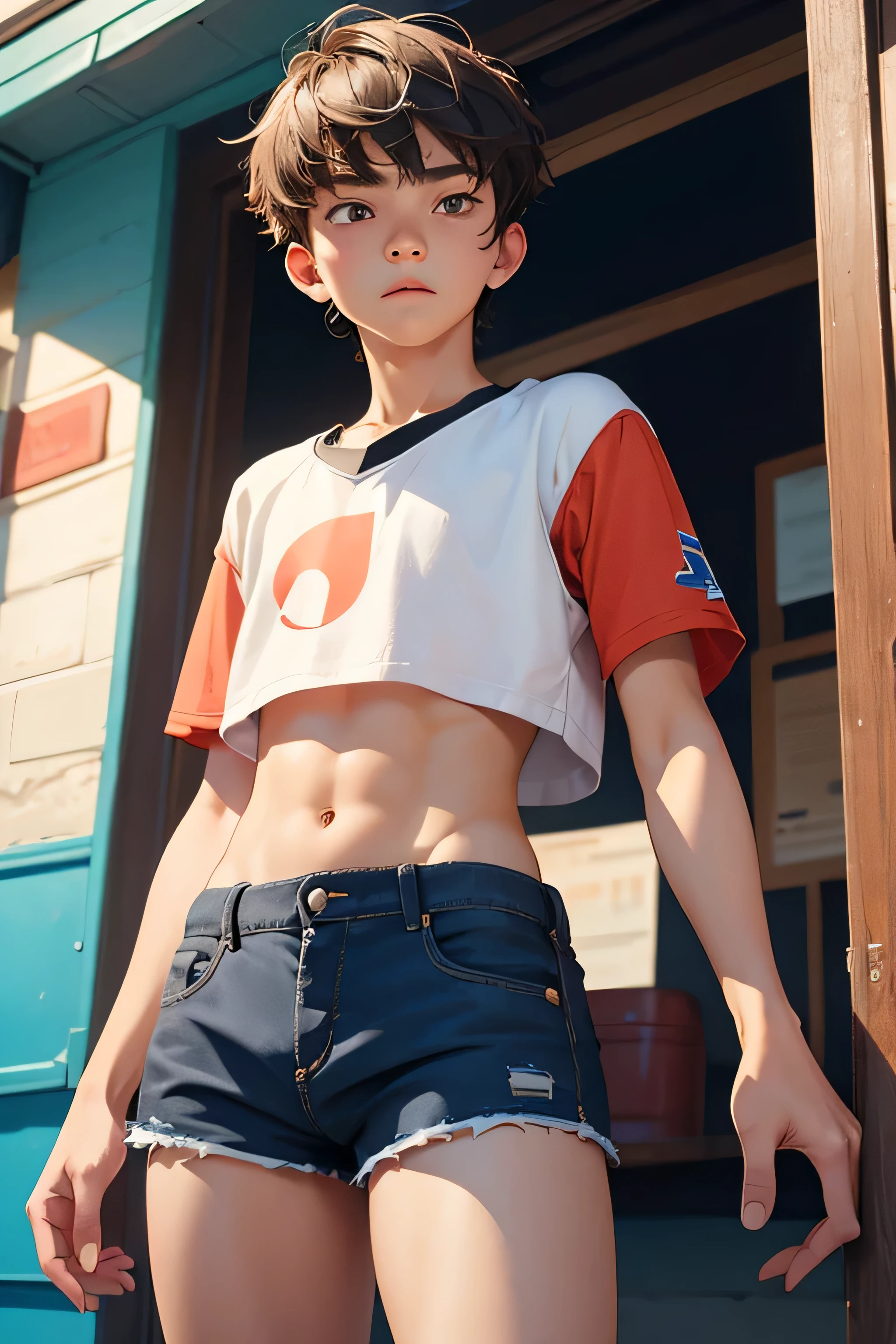 Teen boy ************, boy wears a crop top and too very short shorts,