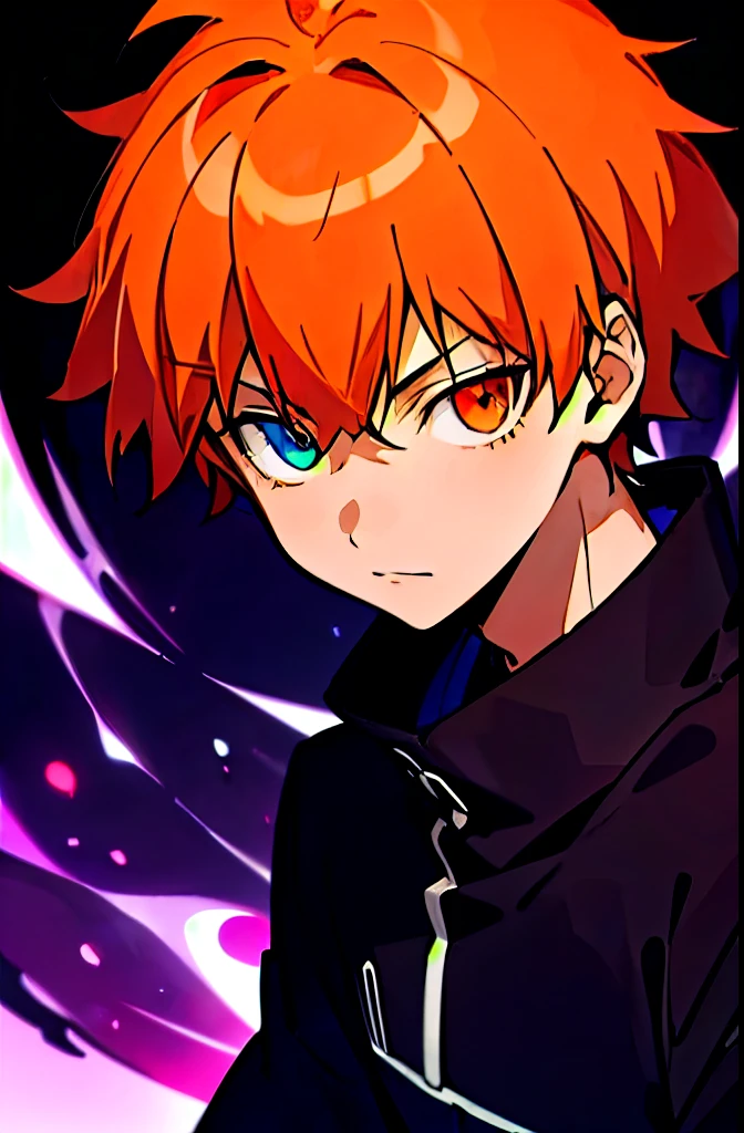 , 16 Years e anime style, (Modern Japanese men), (Russ Mills style), (Short messy hair with bangs), (Red-orange hair), (White skin), (Red and orange eyes, heterochromia) , Handsome, (Black Clothes, Plain T-Shirt) Release a Ball of Purple Light Energy with Your Finger, El Trick Powers, Hand Signals, (Chiaroscuro), Fine Facial Details, Cinematic Lighting, (Depth of Fields),( upper body) Fushia purple and blue in the background. Cruel, Sadic.