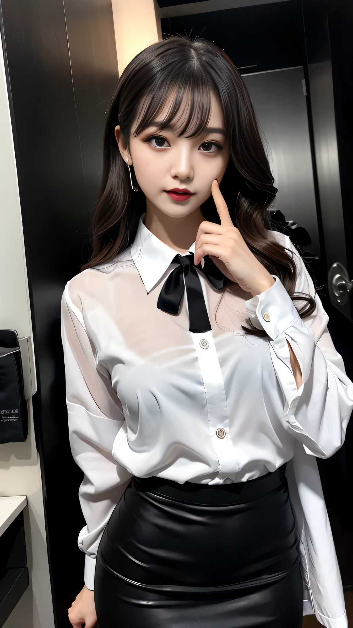 best quality、ultra-detailed、4k、Japanese、Seductive beauty、seductive adult woman、Pretty Woman、cool girl、Villainess、Brainwashed、brainwash、Fallen into evil、smirk、Evil look、Wicked Smile、evil、Brown hair、wavy hair、swept bangs、dark makeup、dark makeup、piercing eyes、hollow eyes,half-closed eyes、Hollow Eyes、purple Eyeshadow、black lipstick、black lipglos、office staff suit、suit、Jacket、White Shirt、Black Ribbon、Tight Skirt、pantyhose、night、inside darkroom、Applying lipstick、Emblem of Evil、Crest of Darkness、Swear allegiance、I have pledged my allegiance、Dye black、Blackening、Stained with evil、Dyed in darkness、Seduce
