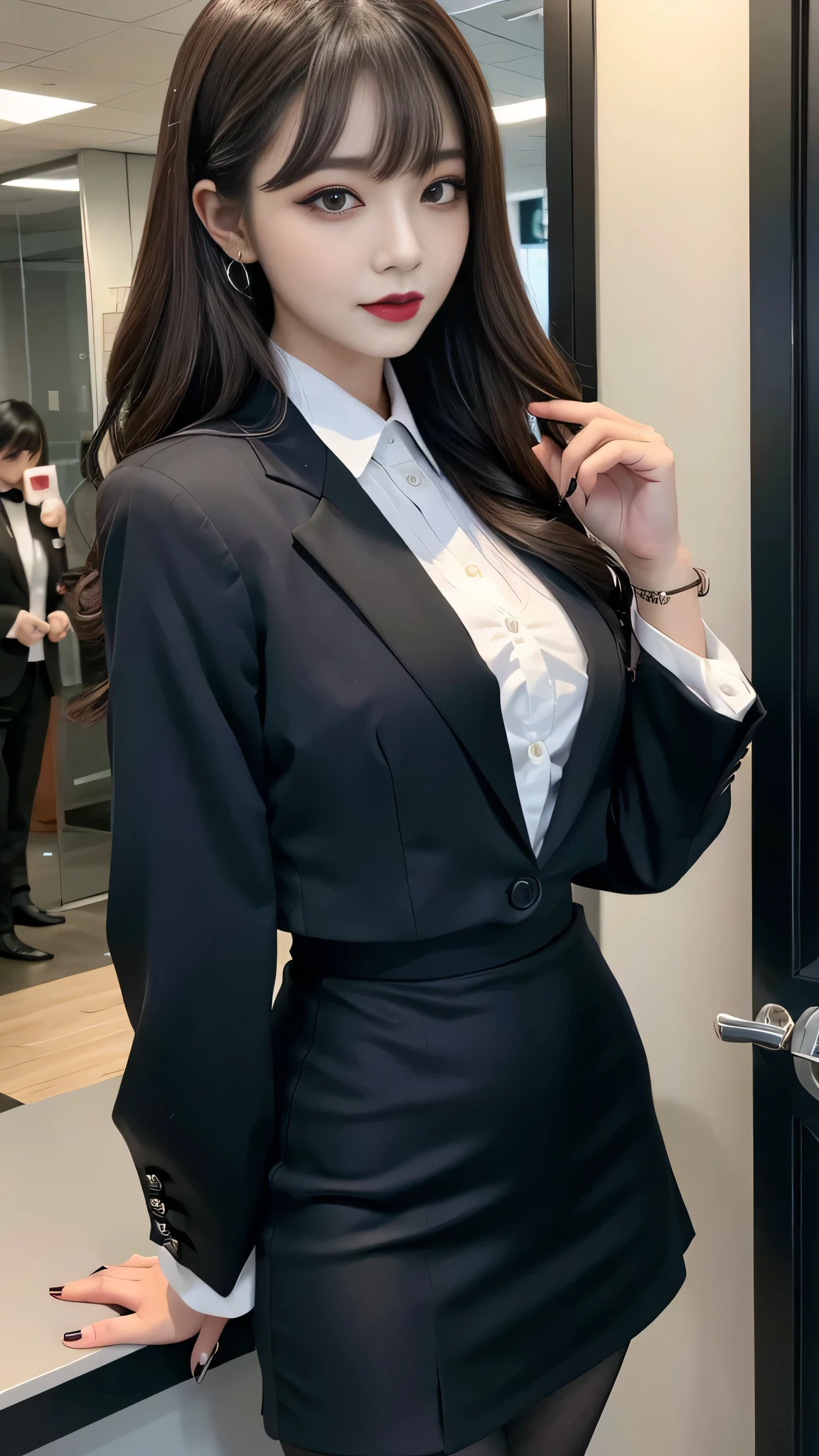 best quality、ultra-detailed、4k、Japanese、Seductive beauty、seductive adult woman、Pretty Woman、cool girl、Villainess、Brainwashed、brainwash、Fallen into evil、smirk、Evil look、Wicked Smile、evil、Brown hair、wavy hair、swept bangs、dark makeup、dark makeup、piercing eyes、hollow eyes,half-closed eyes、Hollow Eyes、purple Eyeshadow、black lipstick、black lipglos、office staff suit、suit、Jacket、White Shirt、Black Ribbon、Tight Skirt、hose、night、inside darkroom、Applying lipstick、Emblem of Evil、Crest of Darkness、Swear allegiance、I have pledged my allegiance、Dye black、Blackening、Stained with evil、Dyed in darkness、Seduce