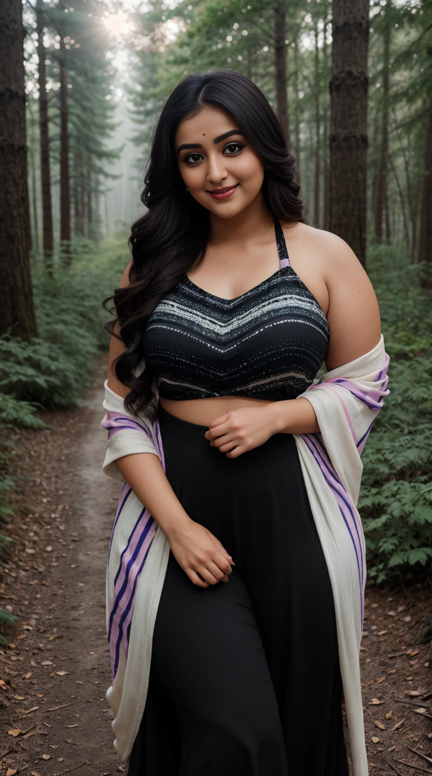 monali thakur Indian beautiful actress curvy plus size hour glass bulky figure woman, closeup camera view, wearingROMWE Hippie Striped Print Halter Top SKU: rz2304131662305111 Trending Y2K $4.07 Estimated -20% $5.09 Special Coupon $1.02 OFF Color: Multicolor, different style hairstyle, bright eyes, thin eyebrows, fair skin, blushing cheeks, prefect head to toe view, full body view, Moonlit Forest: A forest bathed in moonlight with mystical atmosphere and shadows. smile face, black hair, Indian face, perfect skin tone light, ultra realistic skin texture