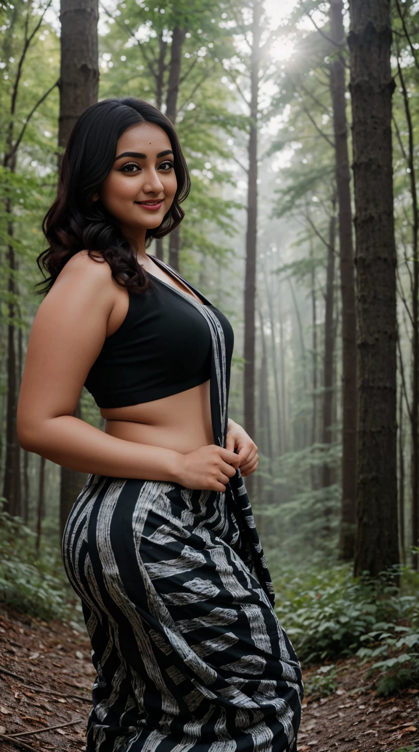 monali thakur Indian beautiful actress curvy plus size hour glass bulky figure woman, closeup camera view, wearingROMWE Hippie Striped Print Halter Top SKU: rz2304131662305111 Trending Y2K $4.07 Estimated -20% $5.09 Special Coupon $1.02 OFF Color: Multicolor, different style hairstyle, bright eyes, thin eyebrows, fair skin, blushing cheeks, prefect head to toe view, full body view, Moonlit Forest: A forest bathed in moonlight with mystical atmosphere and shadows. smile face, black hair, Indian face, perfect skin tone light, ultra realistic skin texture