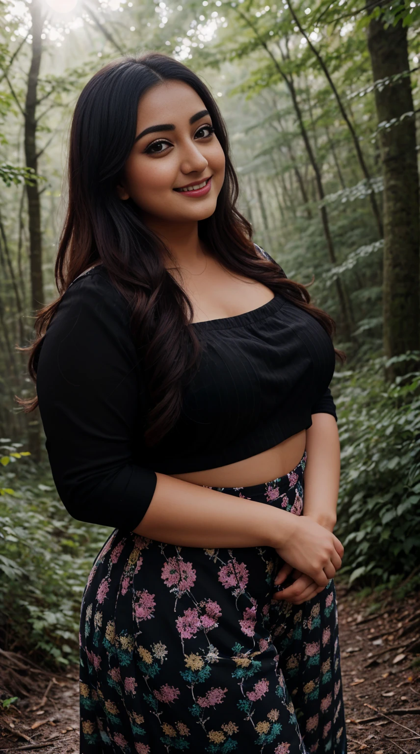 monali thakur Indian beautiful actress curvy plus size hour glass bulky figure woman, closeup camera view, wearingROMWE Hippie Striped Print Halter Top SKU: rz2304131662305111 Trending Y2K $4.07 Estimated -20% $5.09 Special Coupon $1.02 OFF Color: Multicolor, different style hairstyle, bright eyes, thin eyebrows, fair skin, blushing cheeks, prefect head to toe view, full body view, Moonlit Forest: A forest bathed in moonlight with mystical atmosphere and shadows. smile face, black hair, Indian face, perfect skin tone light, ultra realistic skin texture