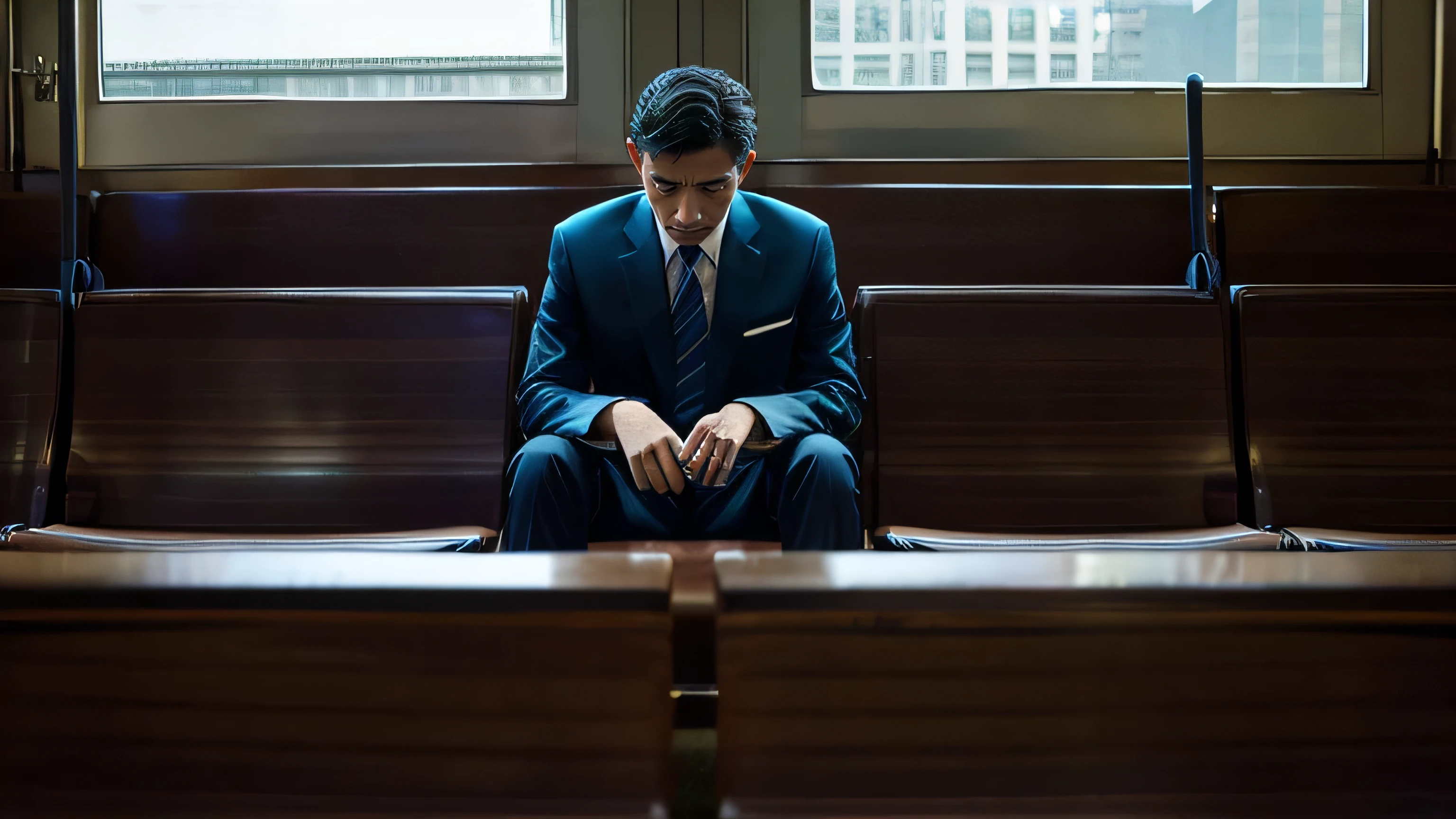 Jehovah’s Witnesseeeting、venue、A man sitting alone、Depressed face、suit、high resolution