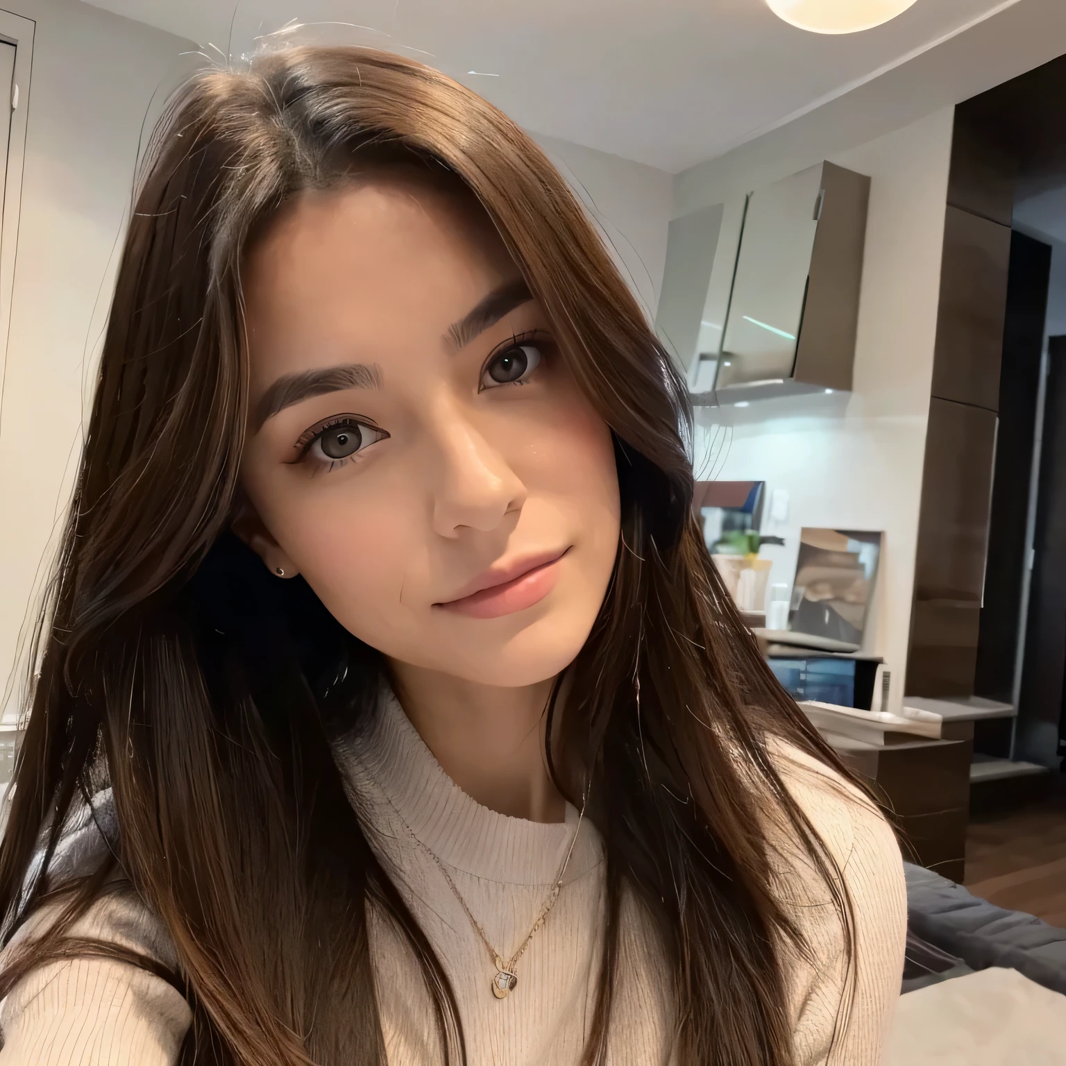 Beautiful brunette woman taking a realistic selfie