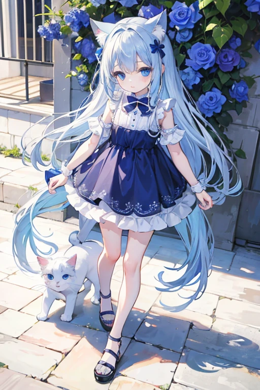 toddler girl, walking Ancient Market, Blue eyes, big eyes,droopy eyes, With blue flower corsage ,Slender body, full body, White long hair, cat ears