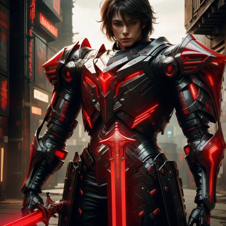 (masterpiece, best quality:1.2), a subject, A beauriful boy with black and red techno fantasy style armour and great sword, (technological aggressive design), cyberpunk, 4K, UHD, (Photorealistic:1.4),Ultra high resolution, masterpiece, ultra realistic, ultra nitide, insane details