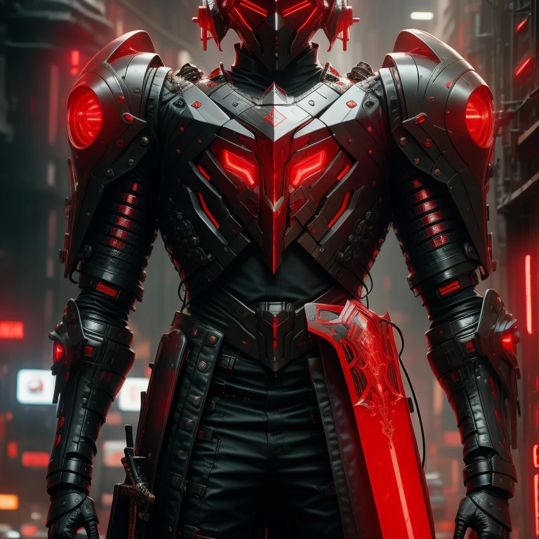 (masterpiece, best quality:1.2), a subject, A beauriful boy with black and red techno fantasy style armour and great sword, (technological aggressive design), cyberpunk, 4K, UHD, (Photorealistic:1.4),Ultra high resolution, masterpiece, ultra realistic, ultra nitide, insane details