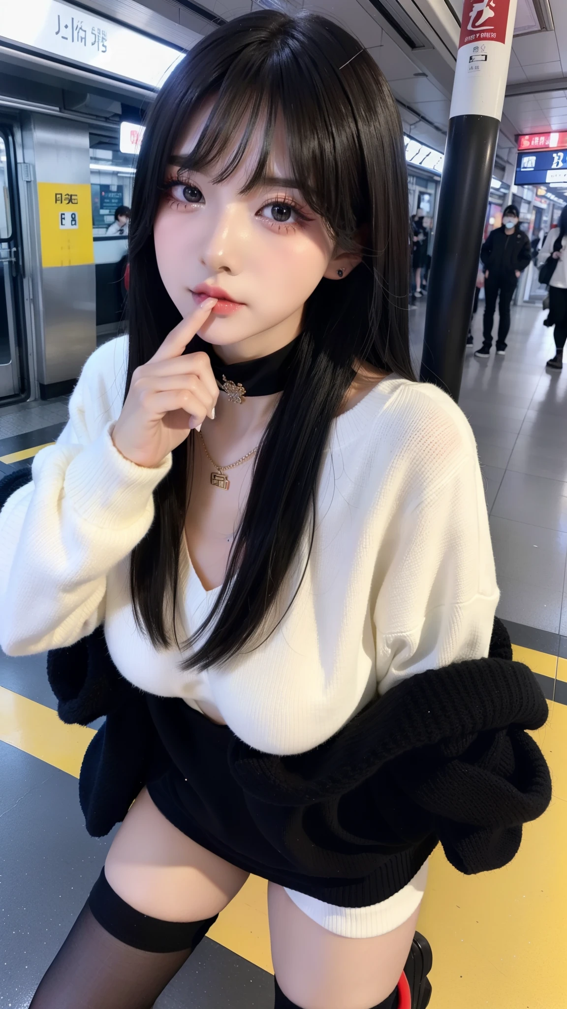 highest quality、8k、32k、masterpiece、Hmph:1.2)、One Girl、Long Hair Girl、Beautiful Japanese Woman、High Knee Socks、Black-haired、Heavy bangs、Long sleeve shirt、Hair length、Fluffy white sweater、Accentuate your breasts、D Cup,choker、(Mega Big Tits), (jirai makeup, jirai girl, Glitter eye makeup)、Subway platform、From feet to head、