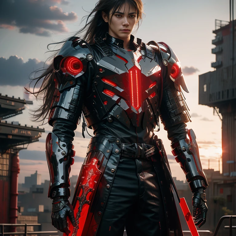 (masterpiece, best quality:1.2), a subject, A beauriful boy with black and red techno fantasy style armour and great sword, (technological aggressive design), cyberpunk, 4K, UHD, (Photorealistic:1.4),Ultra high resolution, masterpiece, ultra realistic, ultra nitide, insane details