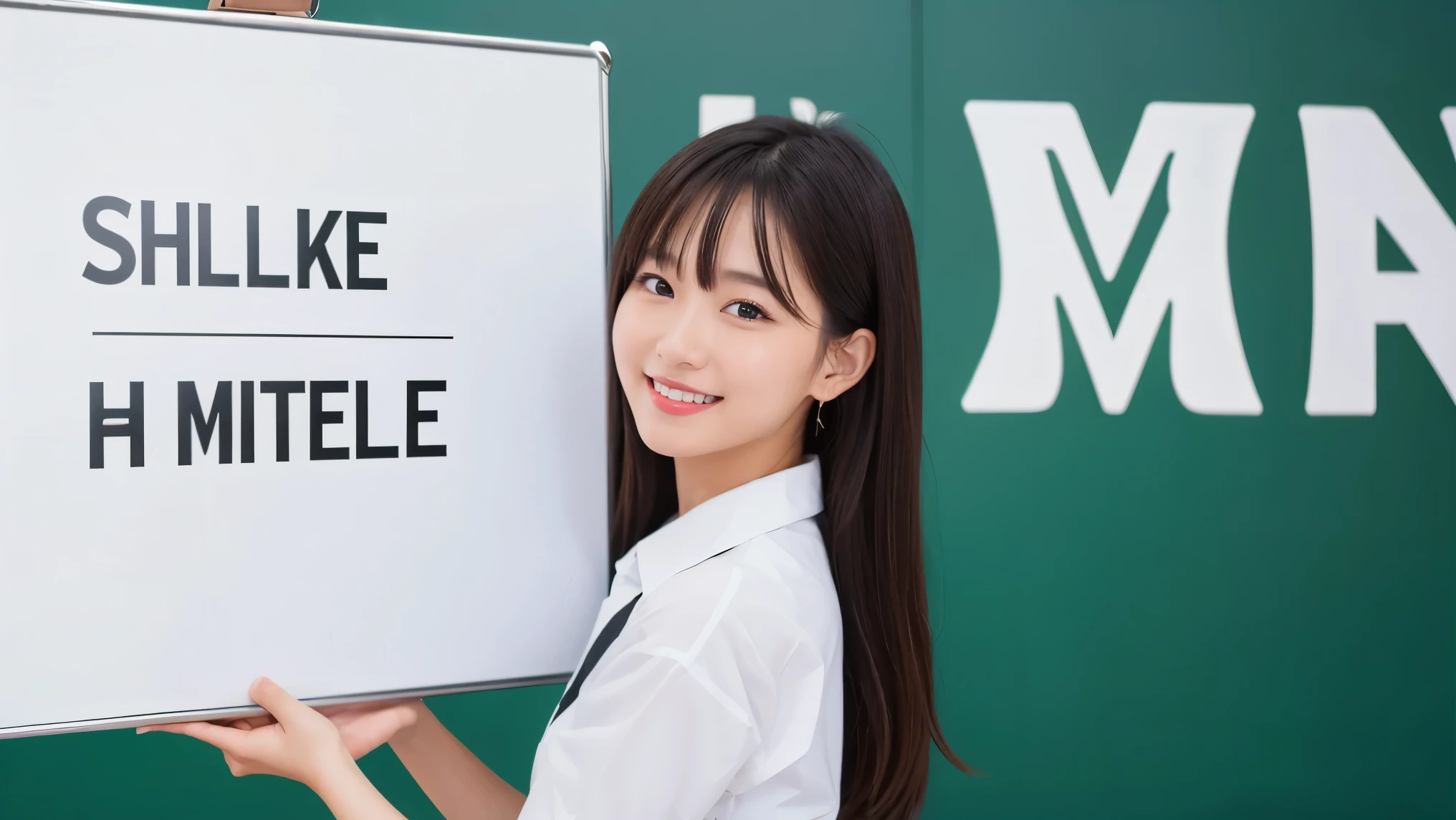 a beautiful woman, holding big white signboard, hiding a big white signboard, face on the white board, white shirts, black skirt, smile